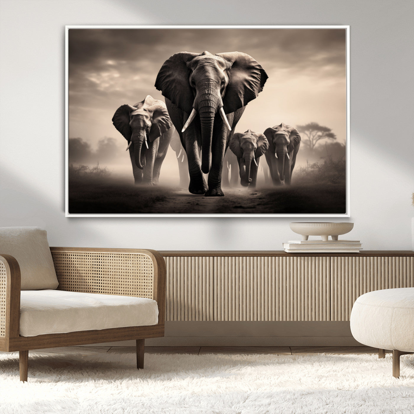 48598F10-MGV-FC-36X24_White-Elephant Family Wall Art Canvas Print, Framed Elephant Wall Art Home Decor