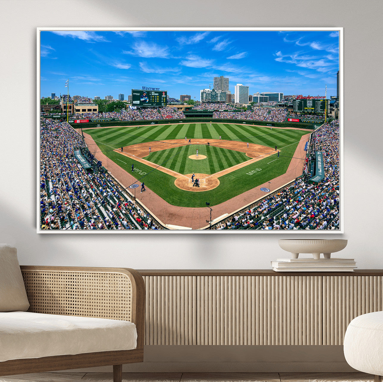 35800083-MGV-FC-36X24 - Wrigley Field Baseball Stadium Canvas Wall Art – Packed Crowd Sports Stadium City Skyline Artwork for Home Office