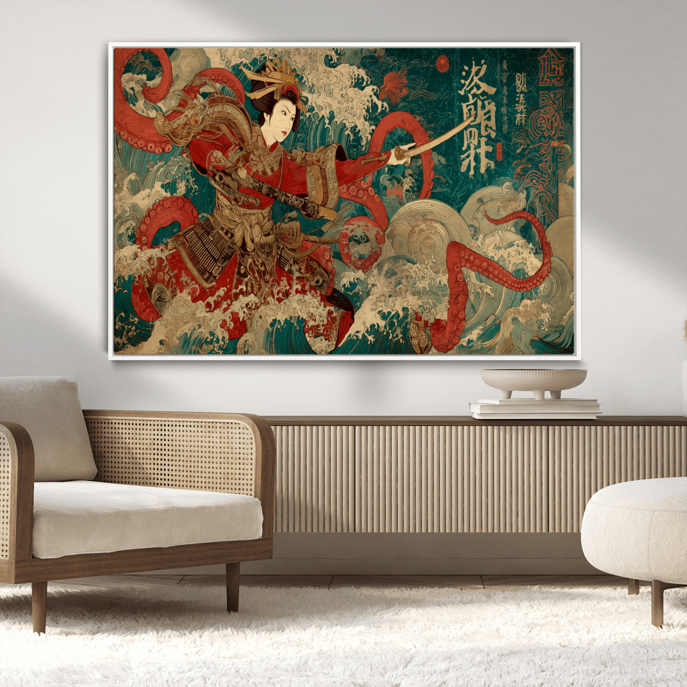 MGV-FC-36X24 - Tsukioka Yoshitoshi Samurai Wall Art Print, Japanese Katana Warrior Canvas Wall Art, Octopus Sea Monster Canvas Print,