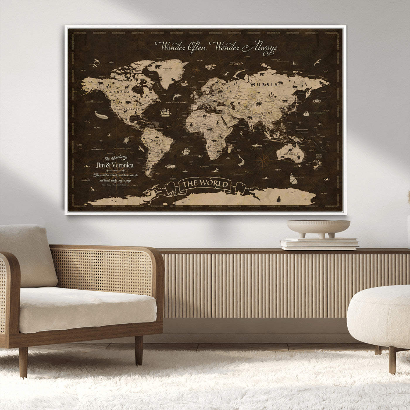47004909-MGV-FC-36X24_White-Customize Push Pin World Map Wall Art Canvas Print – Personalized Map for Kids Room – Framed Custom Animal Map for Stady Room Decor