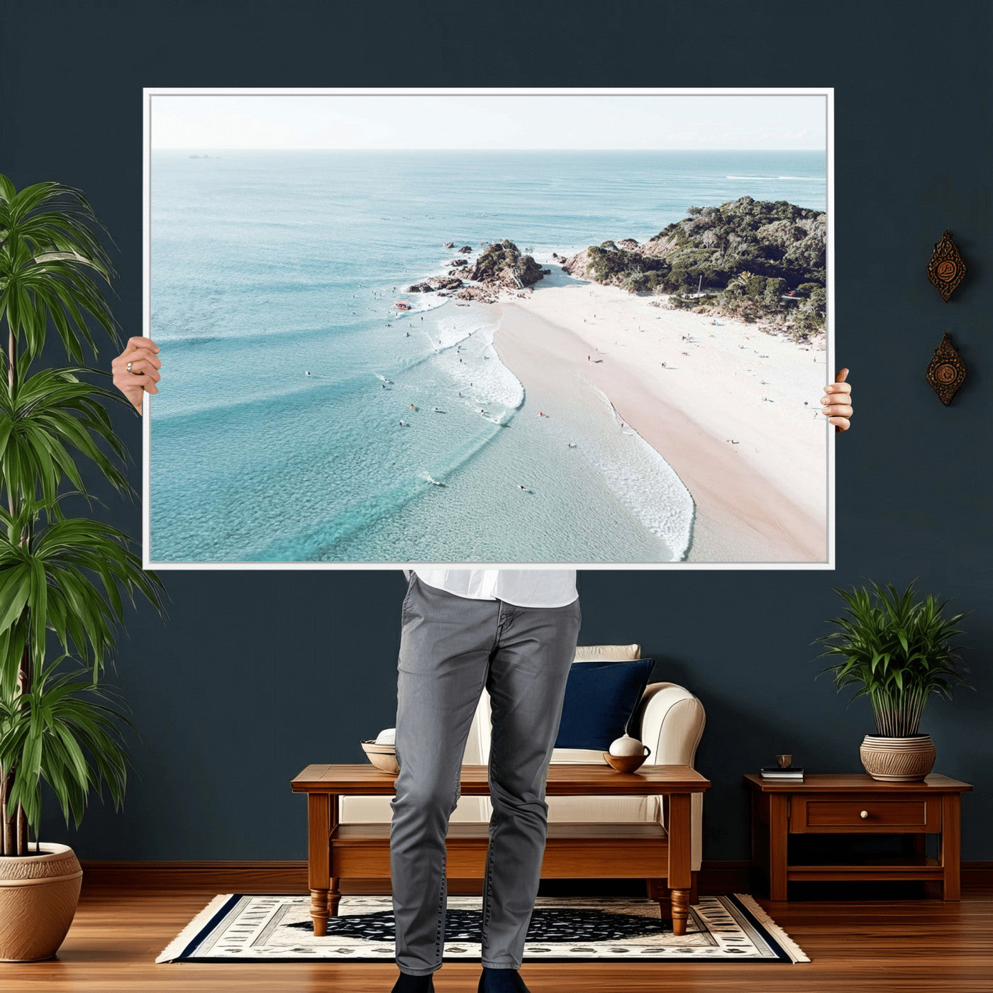 79395467-MGV-CV-36X24 - Aerial Beach Wall Art Canvas Print, Coastal Ocean Waves and Surfers Scenic Seaside Artwork for Home, Office Decor