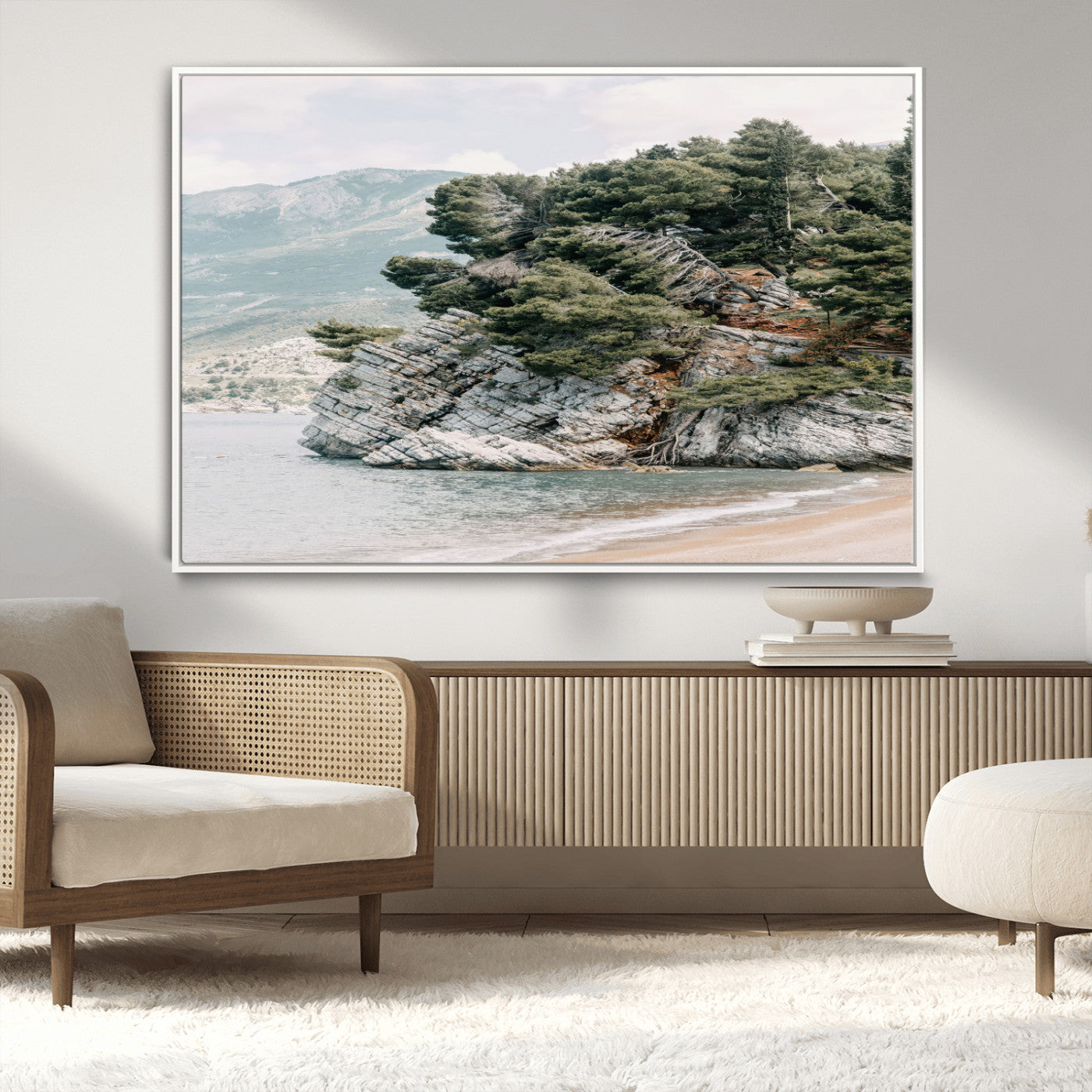 MGV-FC-36X24 - Coastal Rock Canvas Wall Art Print, Scenic Beach Landscape, Pine Trees on Rocky Cliff, Large Nature