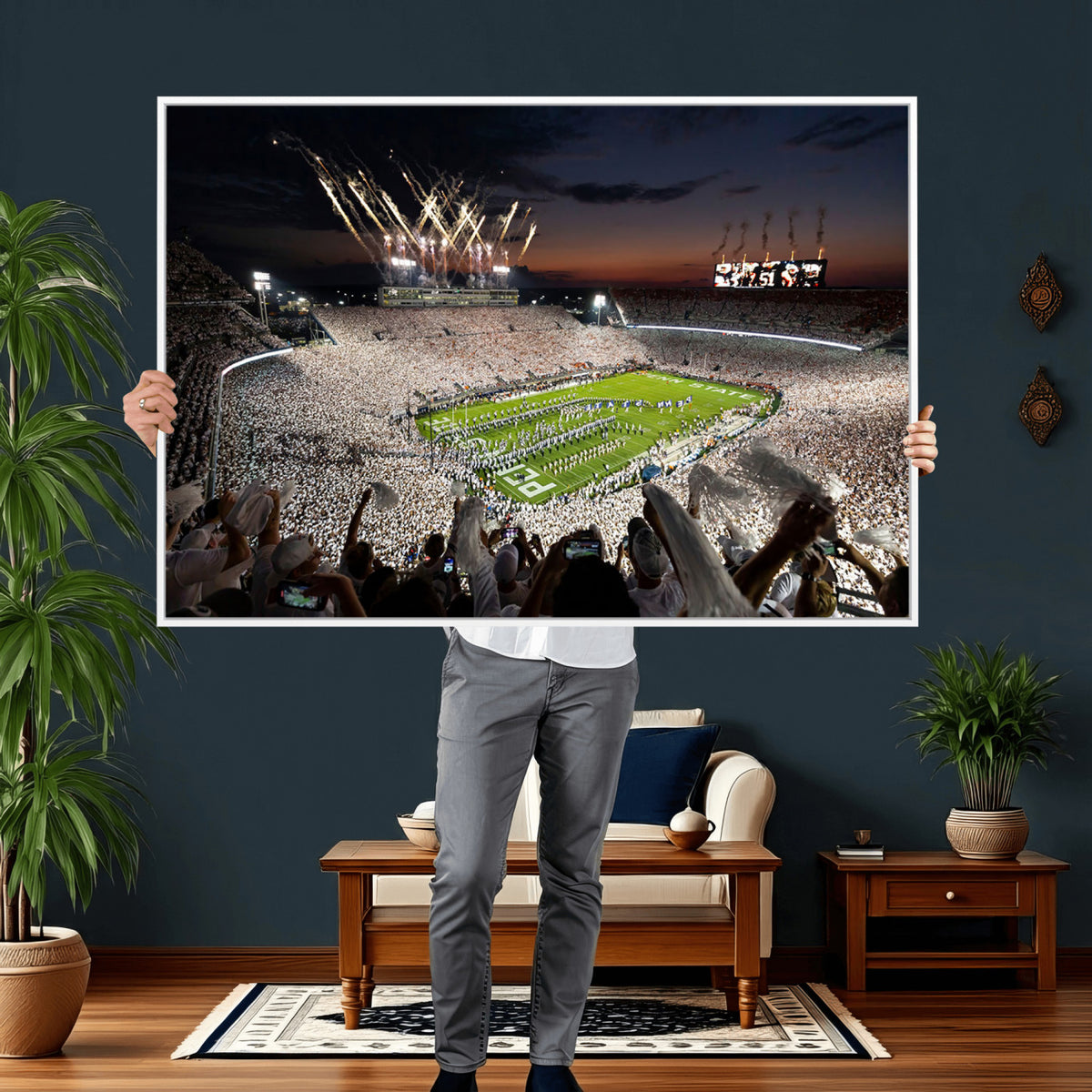 11221988-MGV-CV-36X24 - Epic Night Football Stadium Wall Art Canvas Print, Fireworks and Crowd