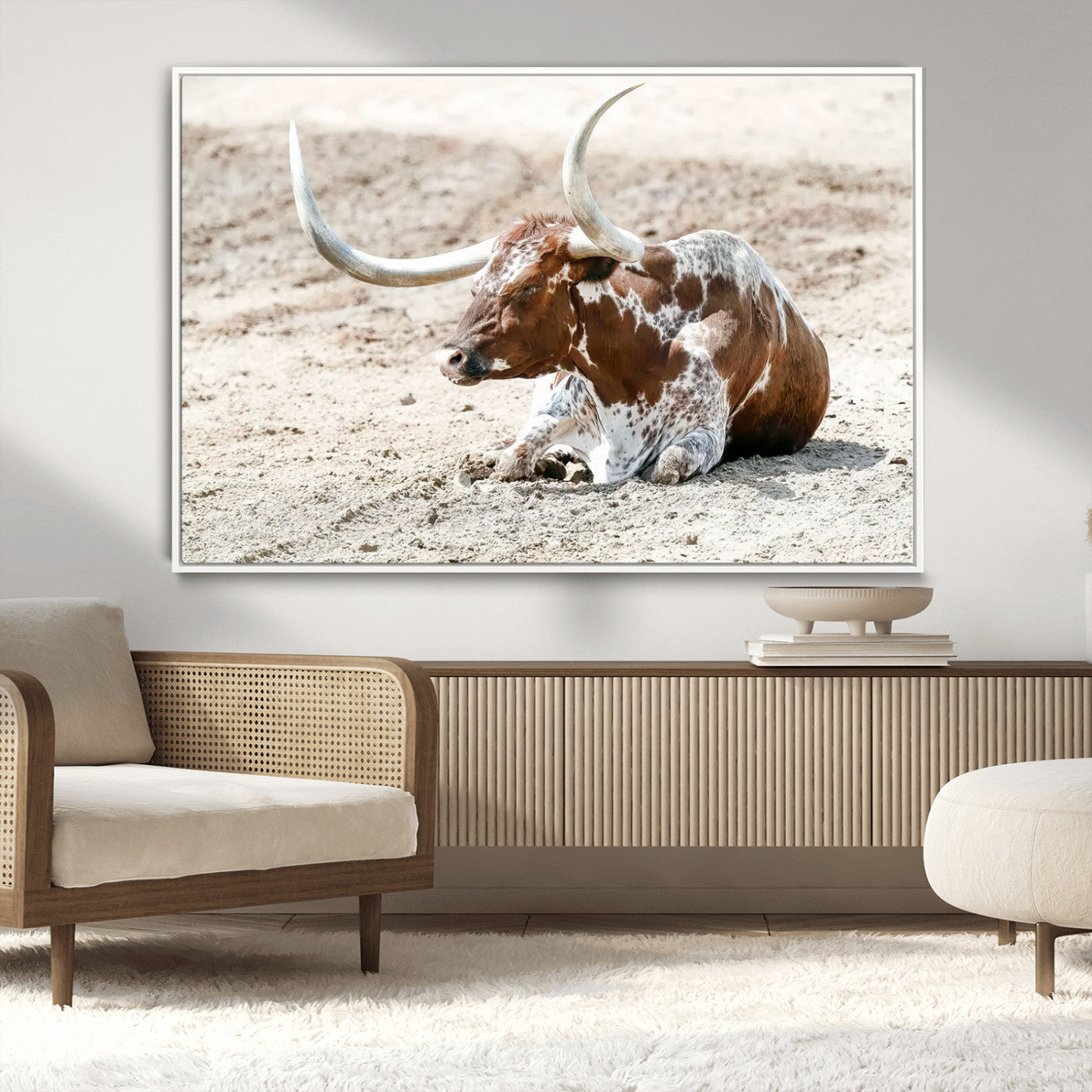 MGV-FC-36X24 - Majestic Longhorn Resting on Sunlit Desert Ground – Striking Western-Themed Wall Art Canvas Print