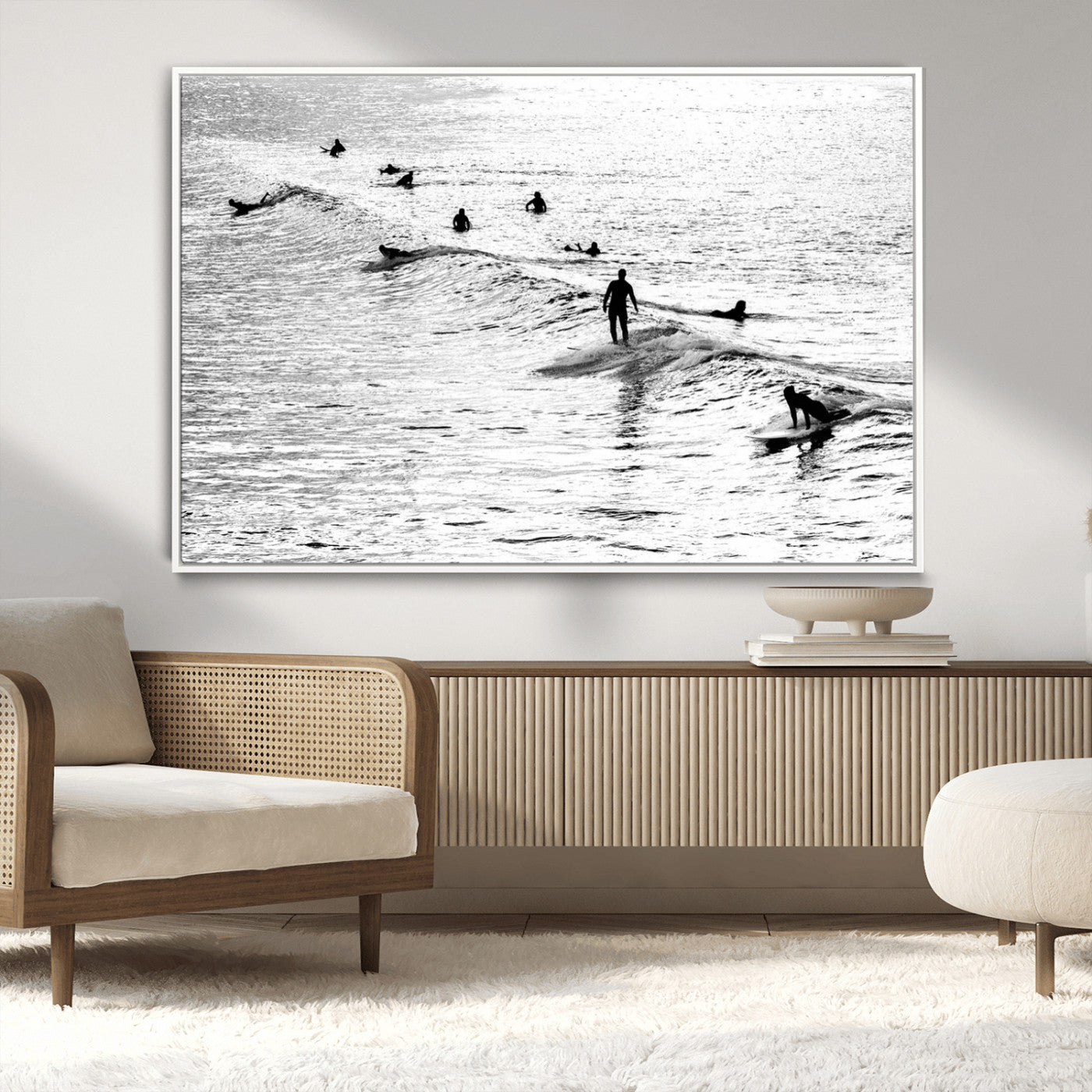 MGV-FC-36X24 - Black and White Surfers Riding Gentle Ocean Waves – Minimalist Coastal Photography Wall Art Canvas