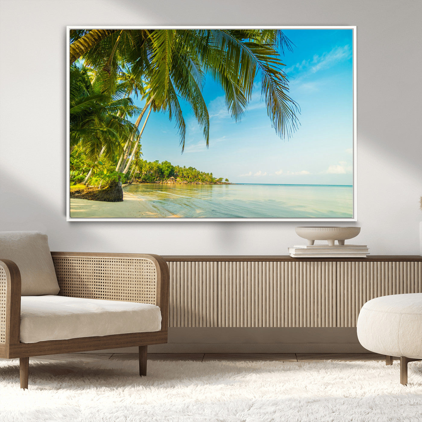 MGV-FC-36X24 - Peaceful Tropical Beach with Palm Trees and Calm Blue Sea – Serene Coastal Wall Art Canvas Print for