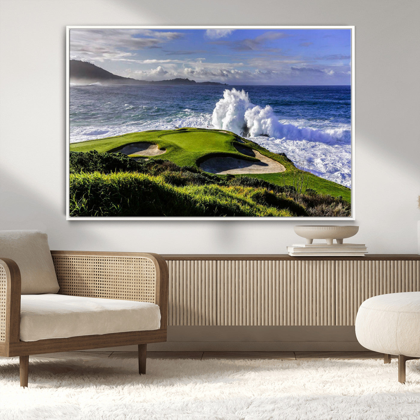-Dramatic Ocean Waves Crashing Against Rocky Coastline Near a Green Golf Course – Stunning Wall Art