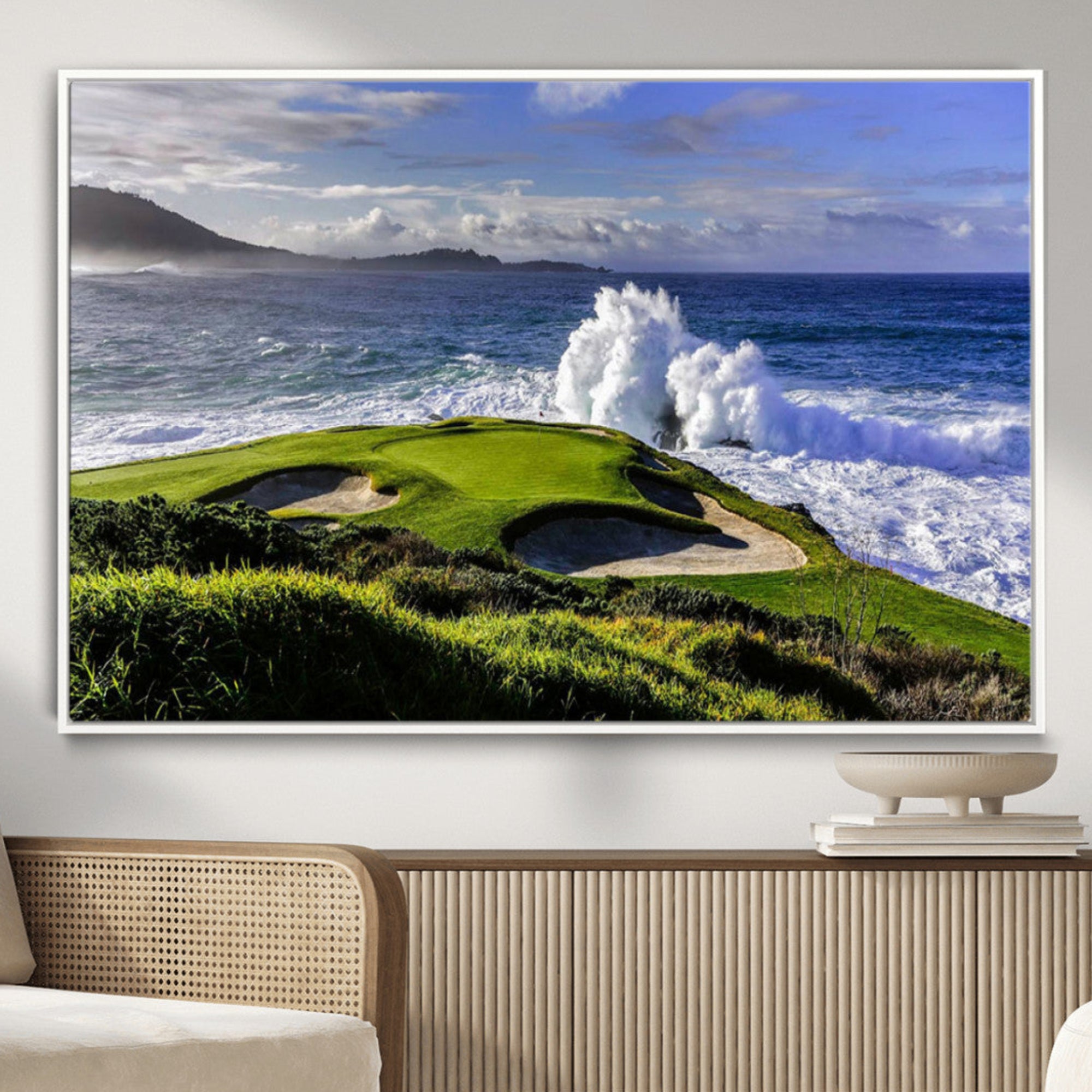 78508908-MGV-CV-36X24-Ocean Waves Crashing Wall Art Canvas Print – Dramatic Rocky Coastline Near Green Golf Course Artwork for Home, Office