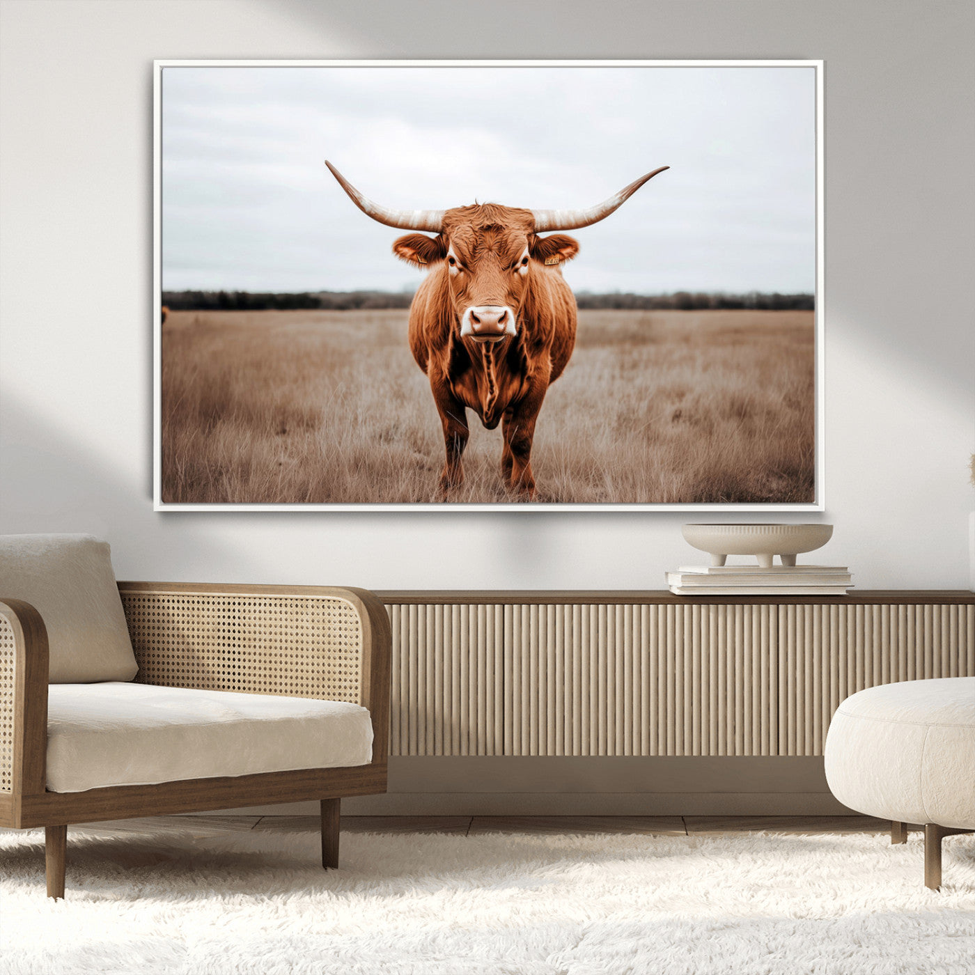 MGV-FC-36X24 - Longhorn bull, open field, rustic charm, natural beauty, Wall Art Canvas Print, countryside,