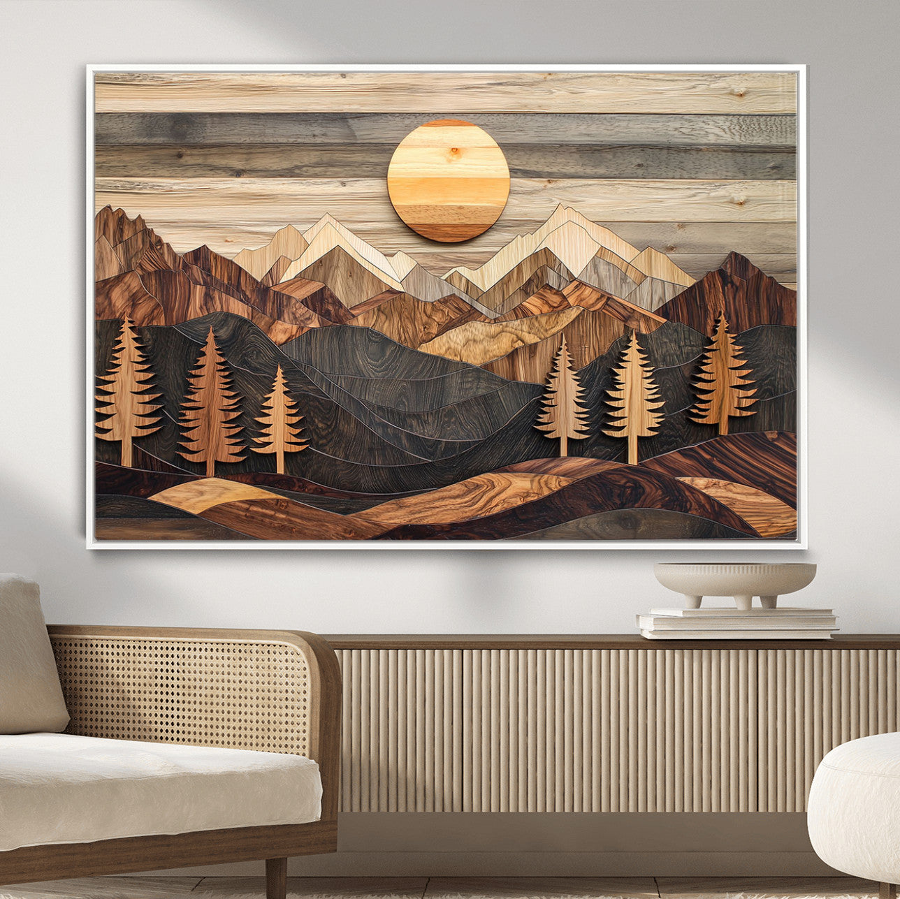 19832326-MGV-FC-36X24 - Wooden Mountain Landscape Layered Texture Geometric Shapes Sun Pine Trees Rustic Natural Tones Art