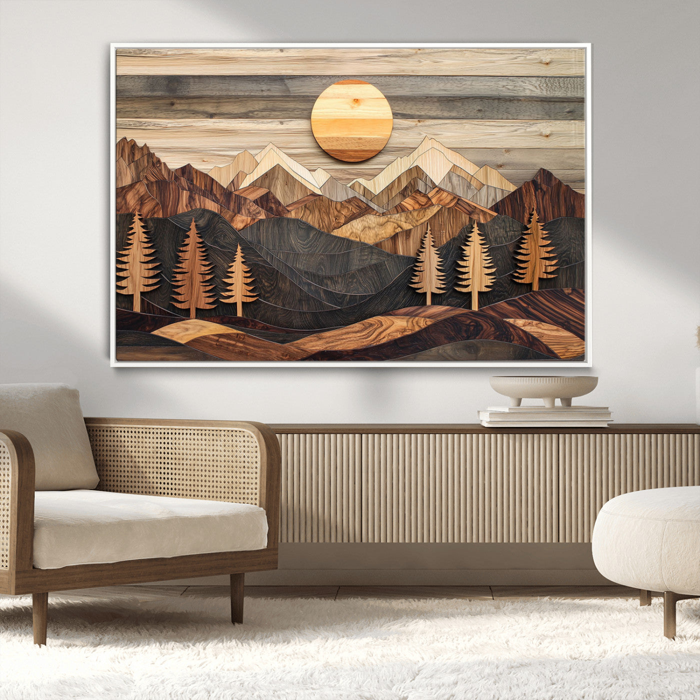 MGV-FC-36X24 - Wooden Mountain Layers Canvas Wall Art – Rustic Pine Tree Landscape with Sunlight Artistic Nature