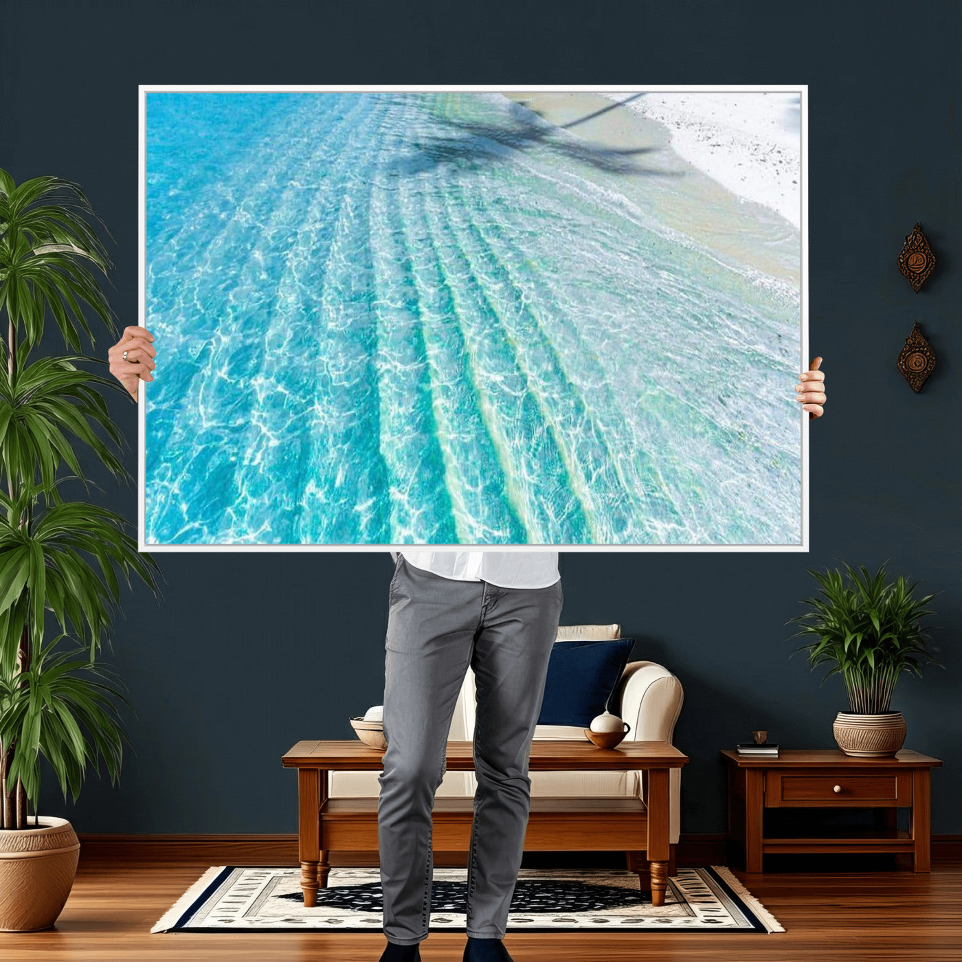 46233906-MGV-CV-36X24 - Serene Clear Blue Ocean Water Canvas Wall Art – Soft White Sand Shore Coastal Print for Home Decor, Relaxation, and Tranquil Vibes