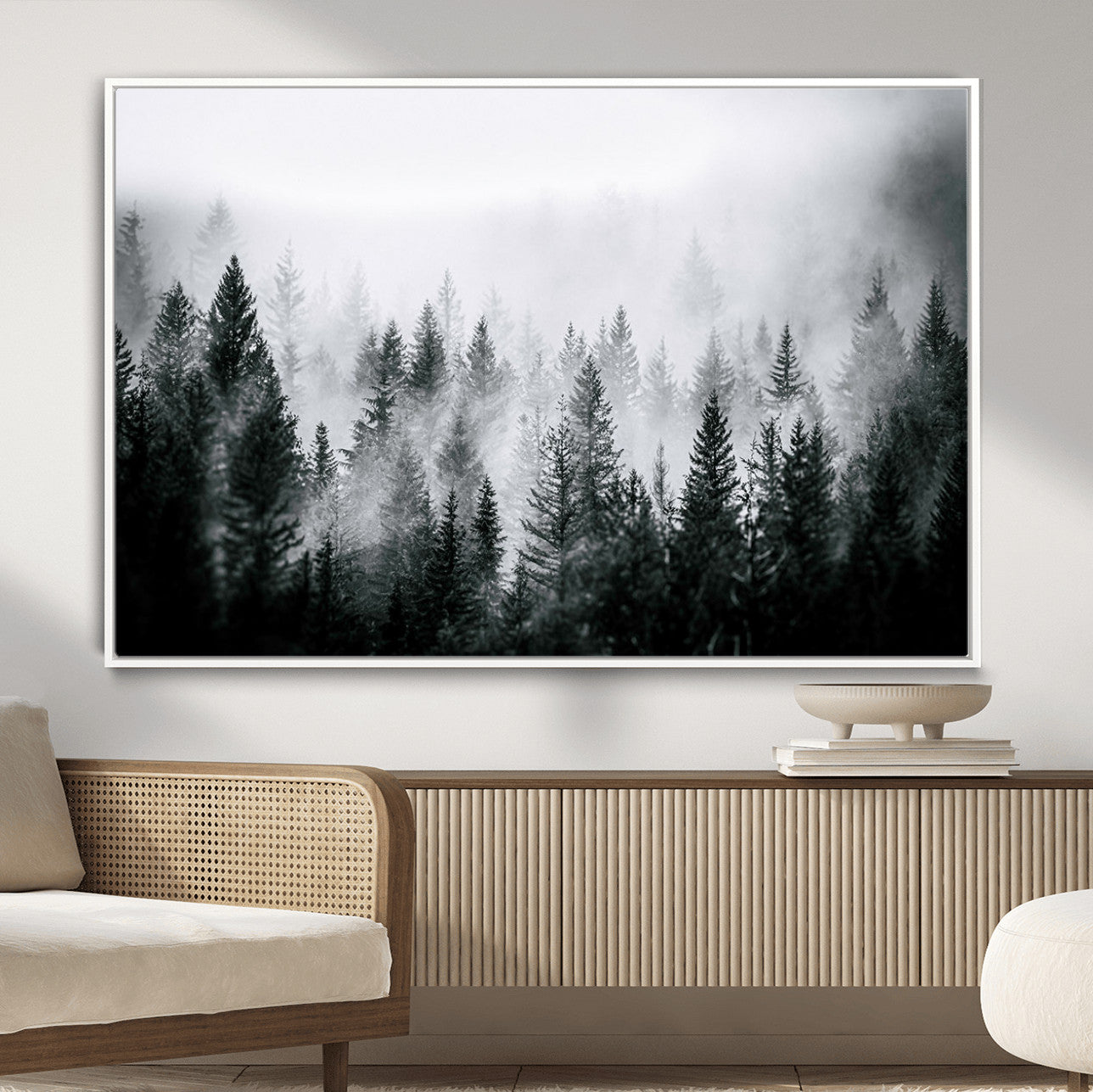 87750525-MGV-CV-36X24-Foggy Pine Forest Wall Art – Black White Nature Landscape Canvas Artwork, Misty Trees Design, Modern Decor for Home, Office