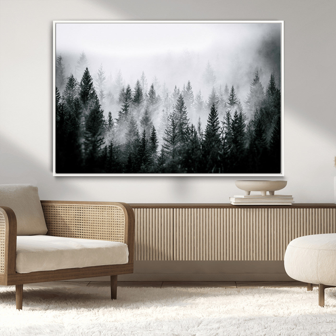 MGV-FC-36X24 - Foggy Pine Forest Canvas Wall Art, Horizontal Black and White Nature Landscape Print for Modern,