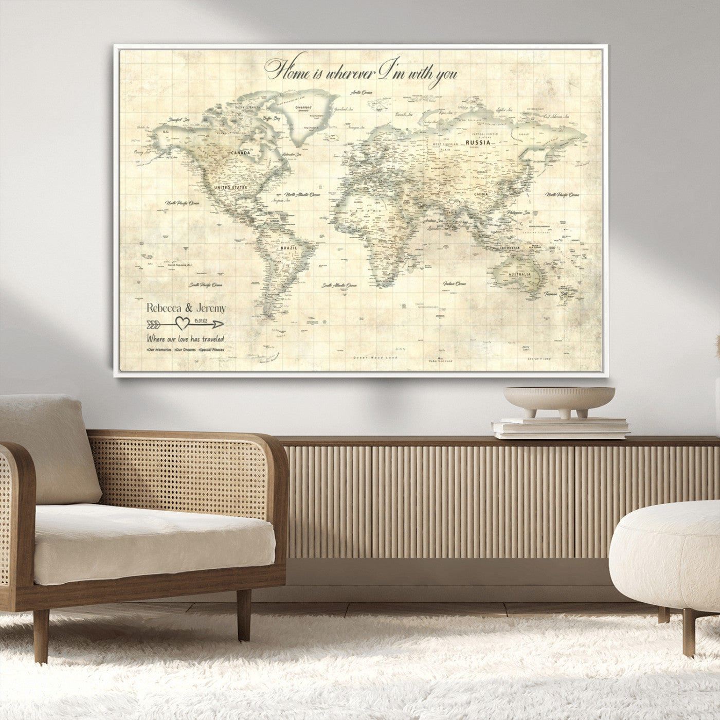 MGV-FC-36X24 - Personalized World Map Wall Art Canvas Print – Custom Push Pin Travel Map for Couples, Families, or Office Décor