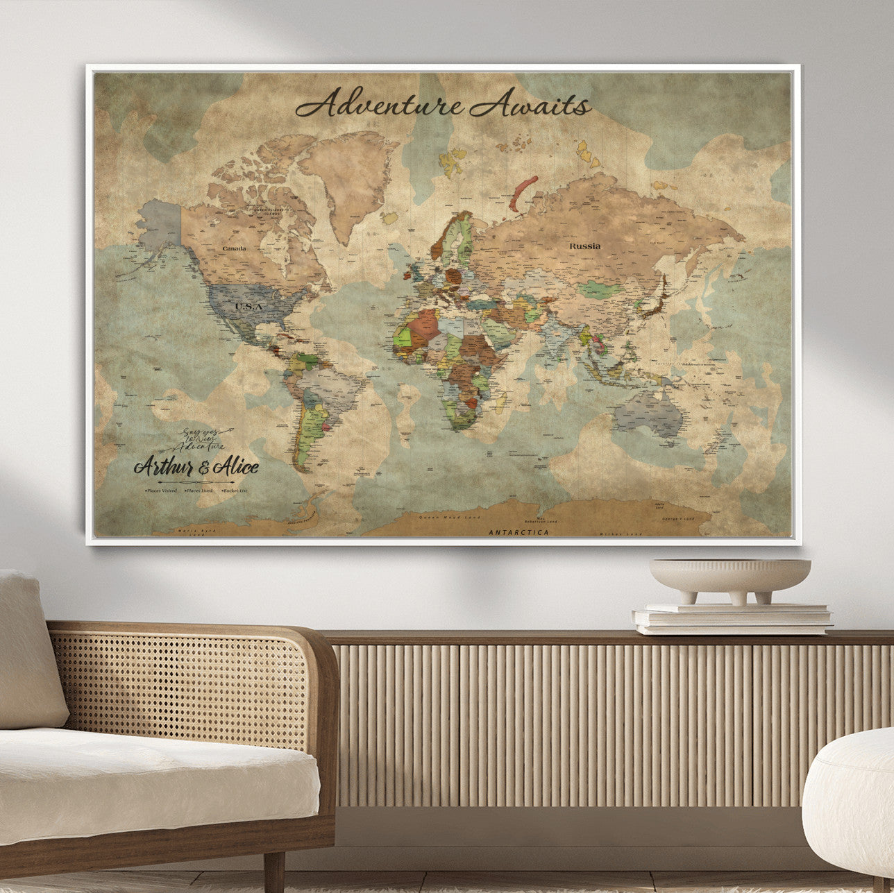 MGV-FC-36X24 - Personalized World Map Wall Art Canvas Print – Custom Push Pin Travel Map for Couples, Families, or Office Décor