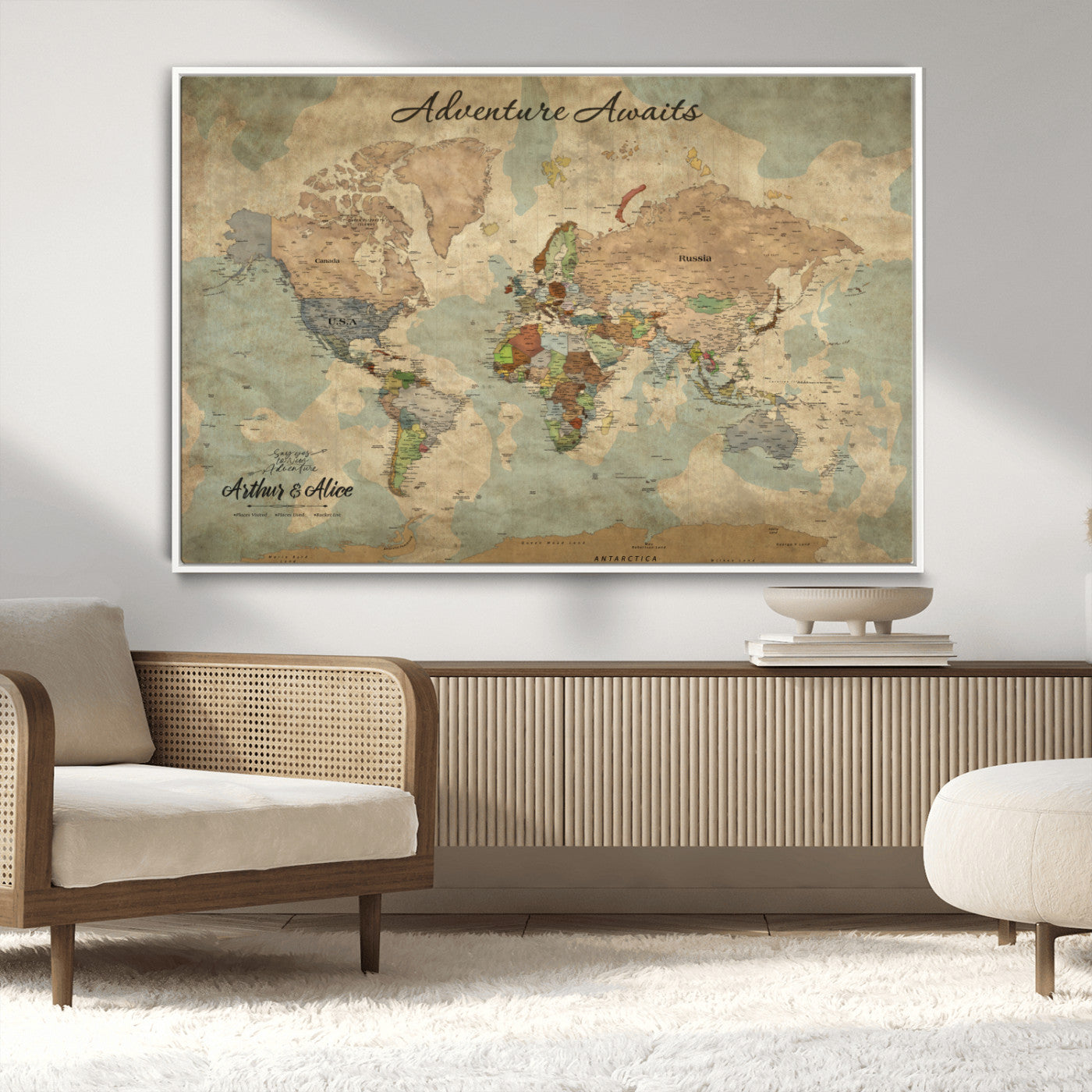 MGV-FC-36X24 - Personalized World Map Wall Art Canvas Print – Custom Push Pin Travel Map for Couples, Families, or Office Décor