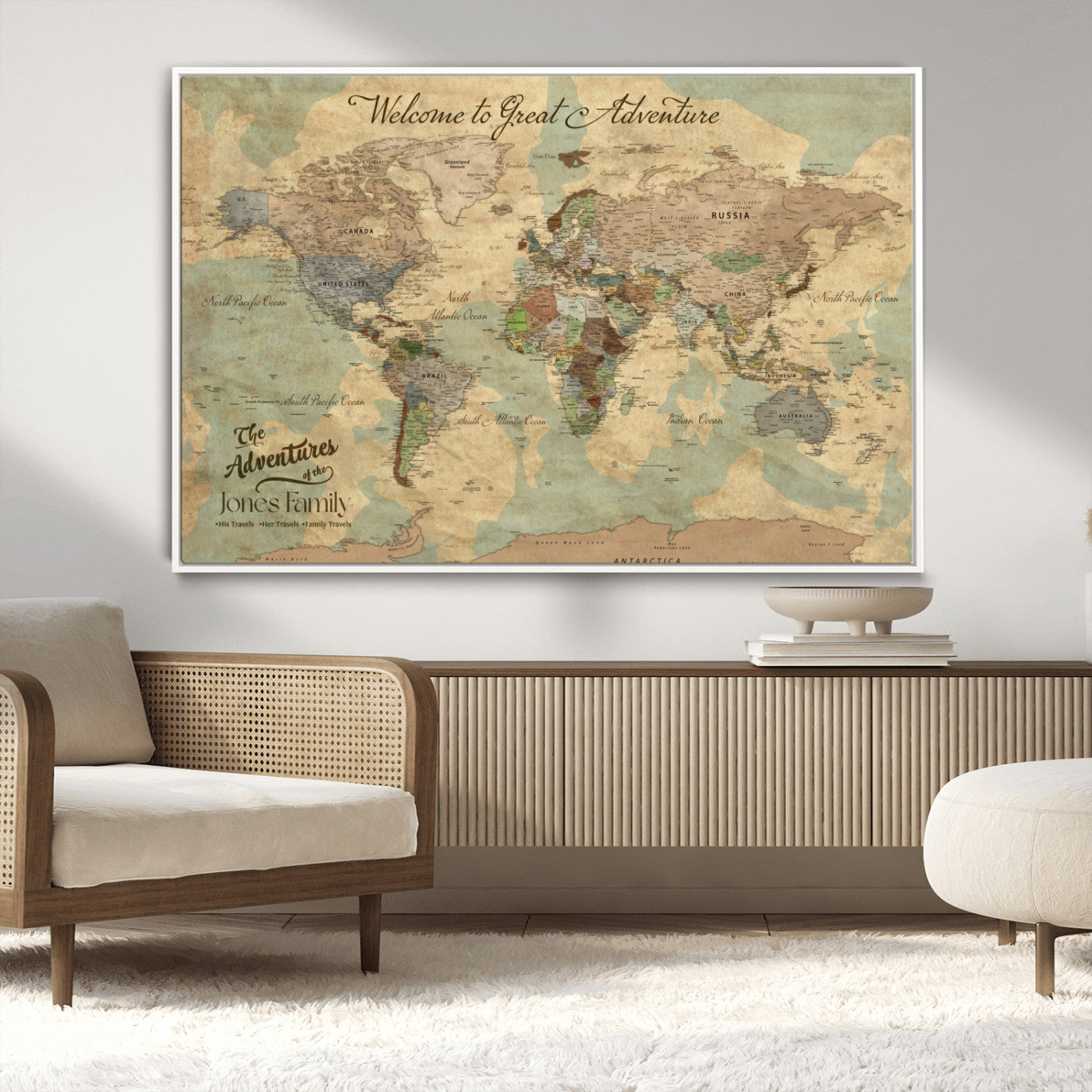 MGV-FC-36X24 - Personalized World Map Wall Art Canvas Print – Custom Push Pin Travel Map for Couples, Families, or Office Décor