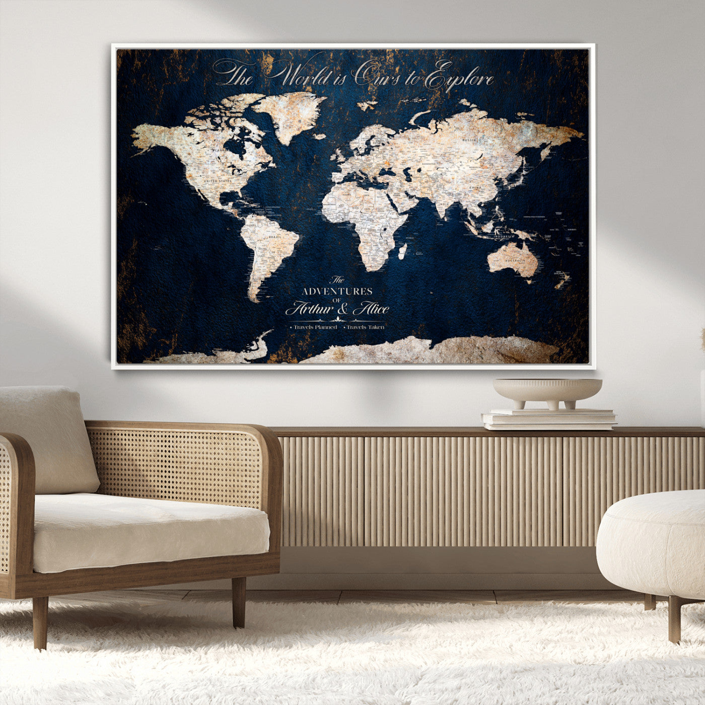 MGV-FC-36X24 - Personalized World Map Wall Art Canvas Print – Custom Push Pin Travel Map for Couples, Families, or Office Décor