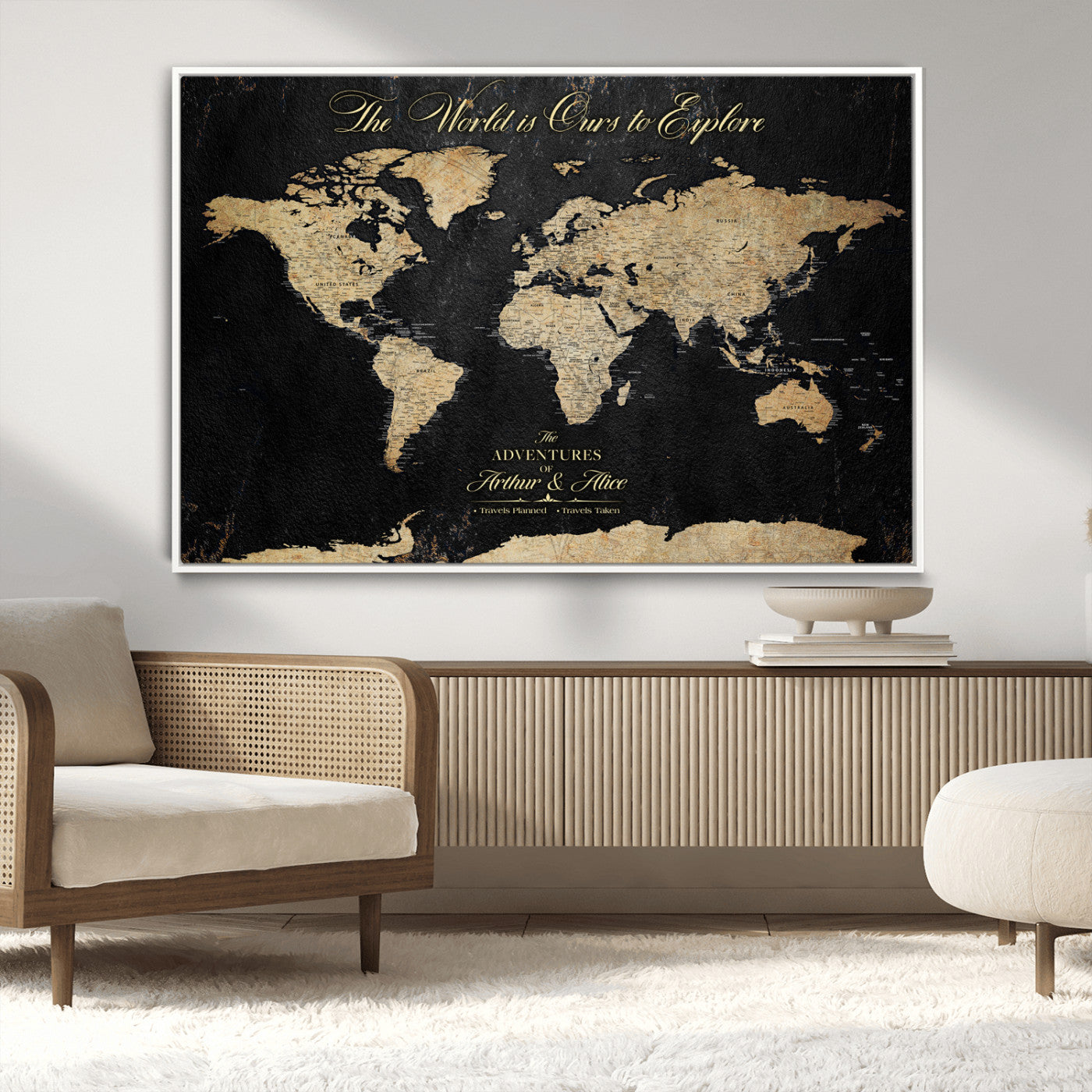 MGV-FC-36X24 - Personalized World Map Wall Art Canvas Print – Custom Push Pin Travel Map for Couples, Families, or Office Décor
