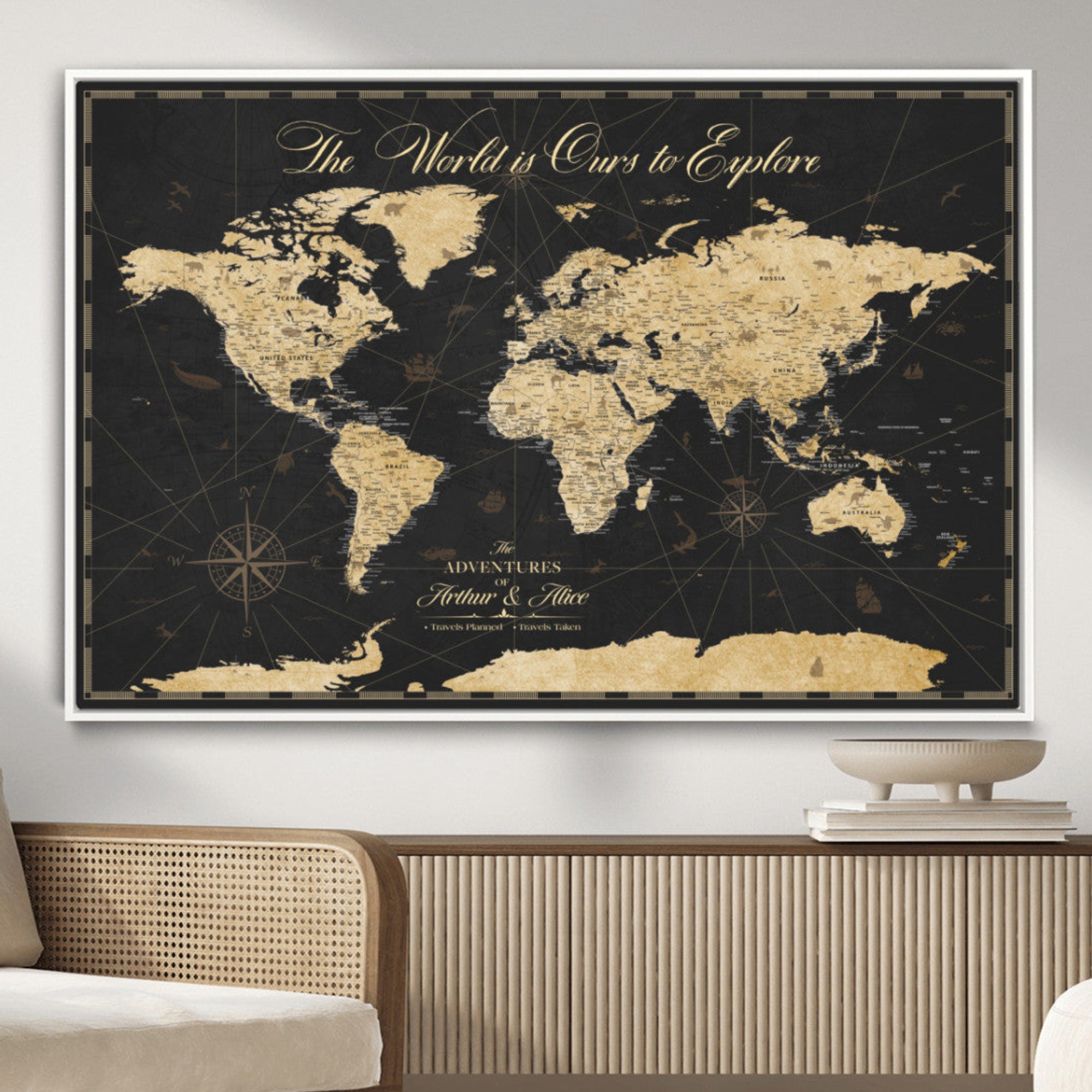 MGV-FC-36X24 - Personalized World Map Wall Art Canvas Print – Custom Push Pin Travel Map for Couples, Families, or Office Décor