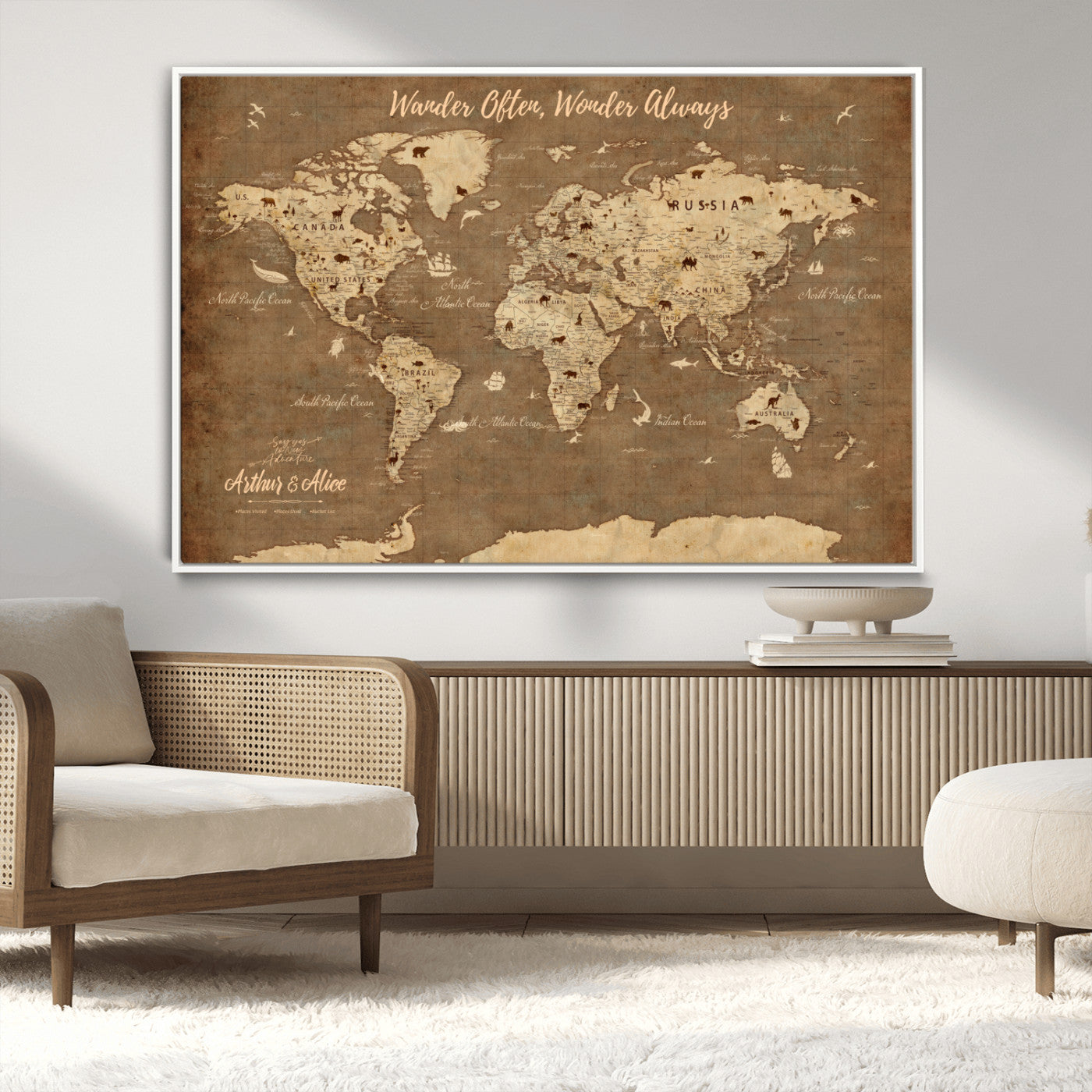 MGV-FC-36X24 - Personalized World Map Wall Art Canvas Print – Custom Push Pin Travel Map for Couples, Families, or Office Décor