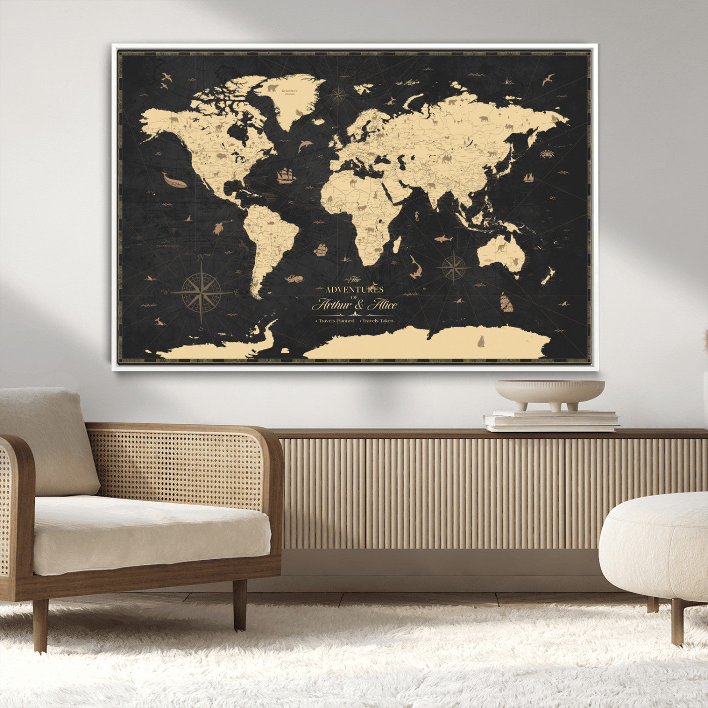 MGV-FC-36X24 - Personalized World Map Wall Art Canvas Print – Custom Push Pin Travel Map for Couples, Families, or Office Décor
