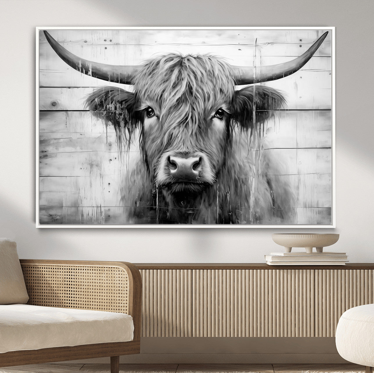 1001HASAN27-MGV-FC-36X24 - Black White Highland Cow Wall Art Canvas Print