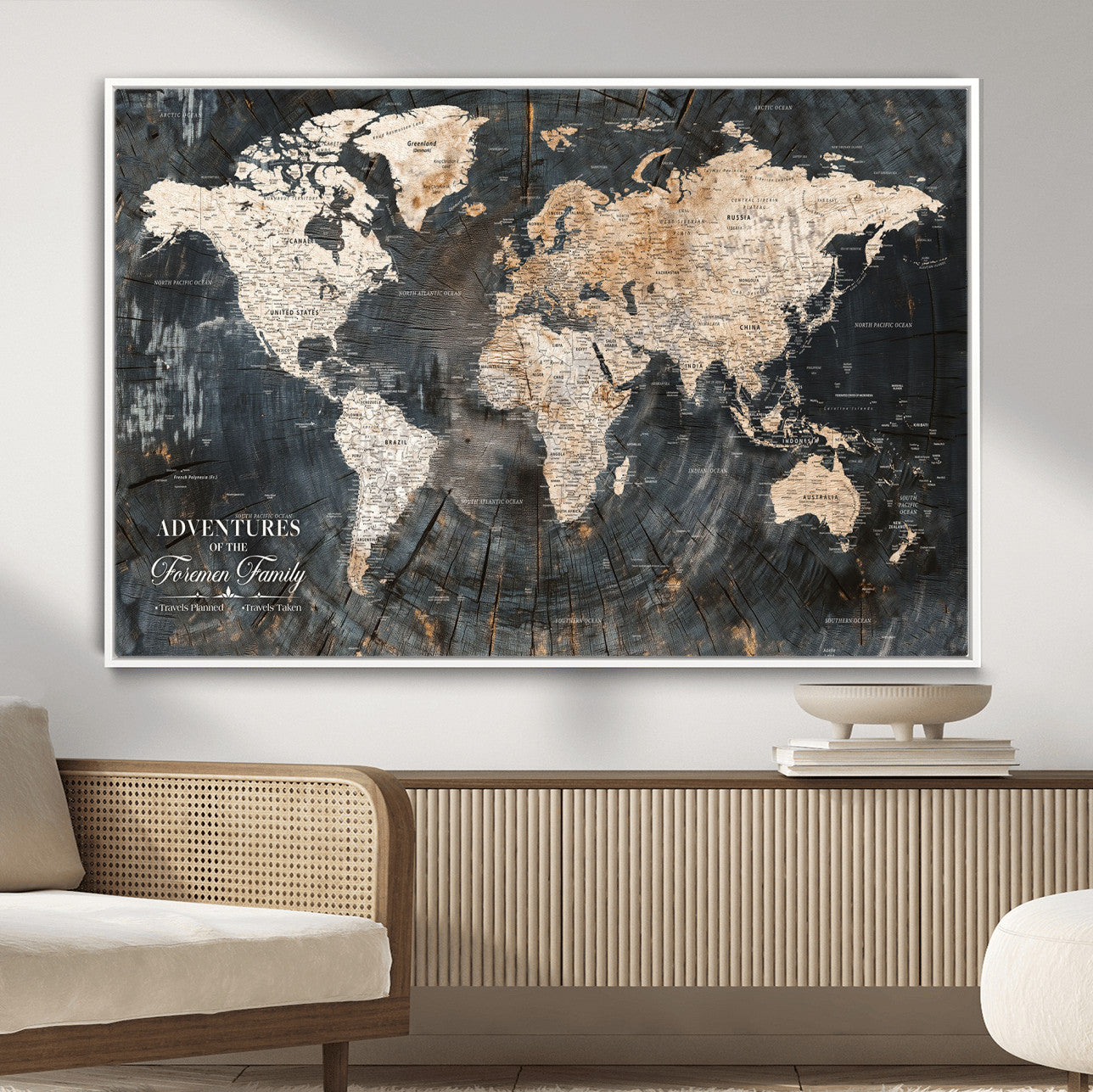58265369-MGV-FC-36X24 - Customized Push Pin World Map Wall Art Canvas Print with Pins, Personalized Travel Tracker Map, Framed World Map for Living Room, Office and Home Decor