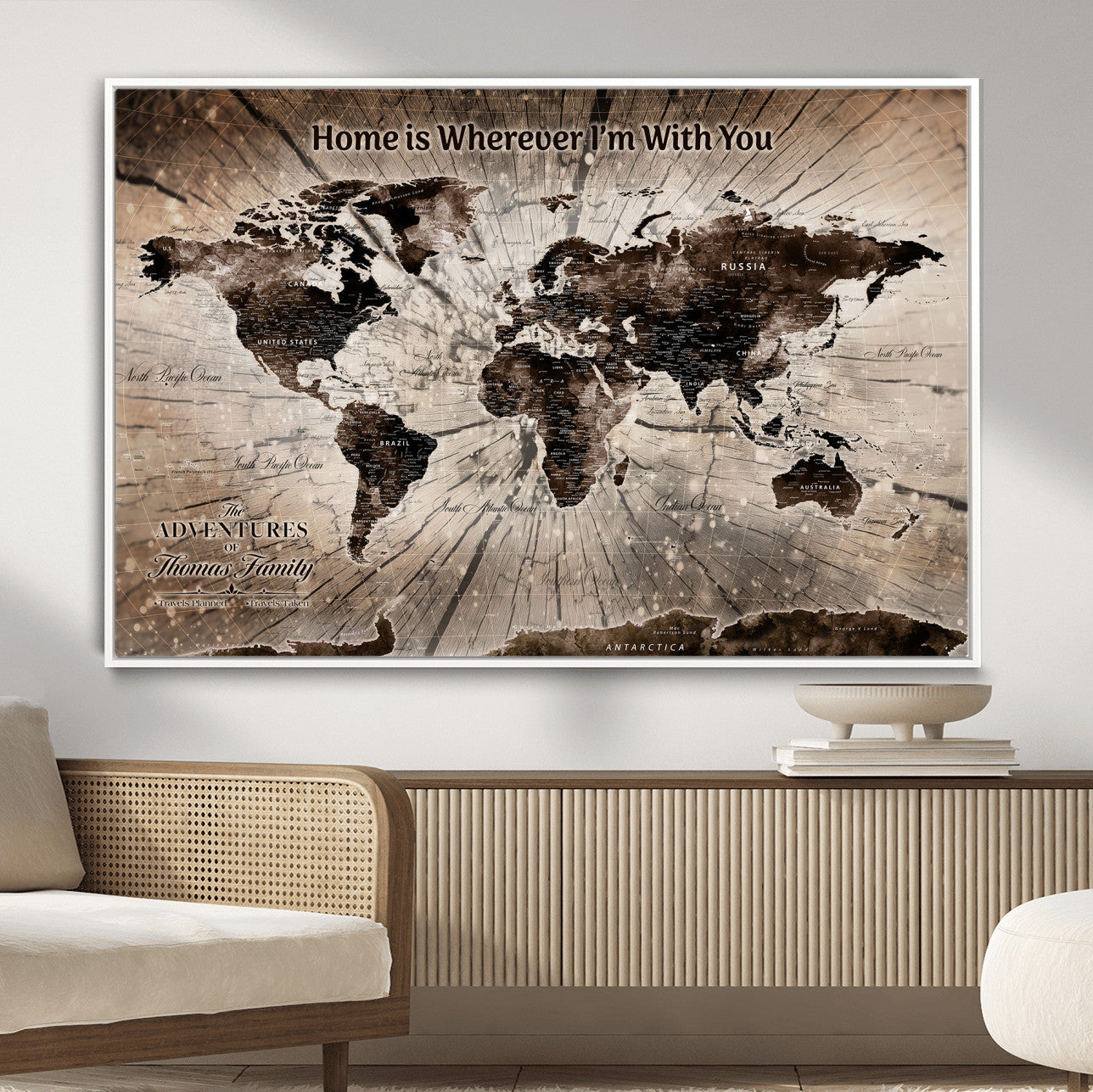 72371980-MGV-FC-36X24 - Personalized World Map Wall Art – Customizable Push Pin Framed Canvas Print Unique Travel Decor for Home, Office