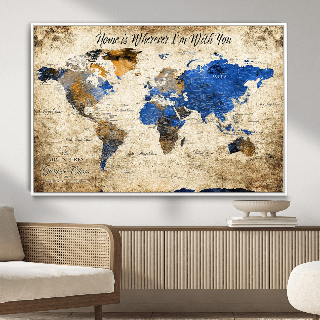 20854758-MGV-FC-36X24 - Personalized Push Pin World Map Canvas Print – Custom Framed Travel Tracker Artwork with Pins for Home and Office Decor