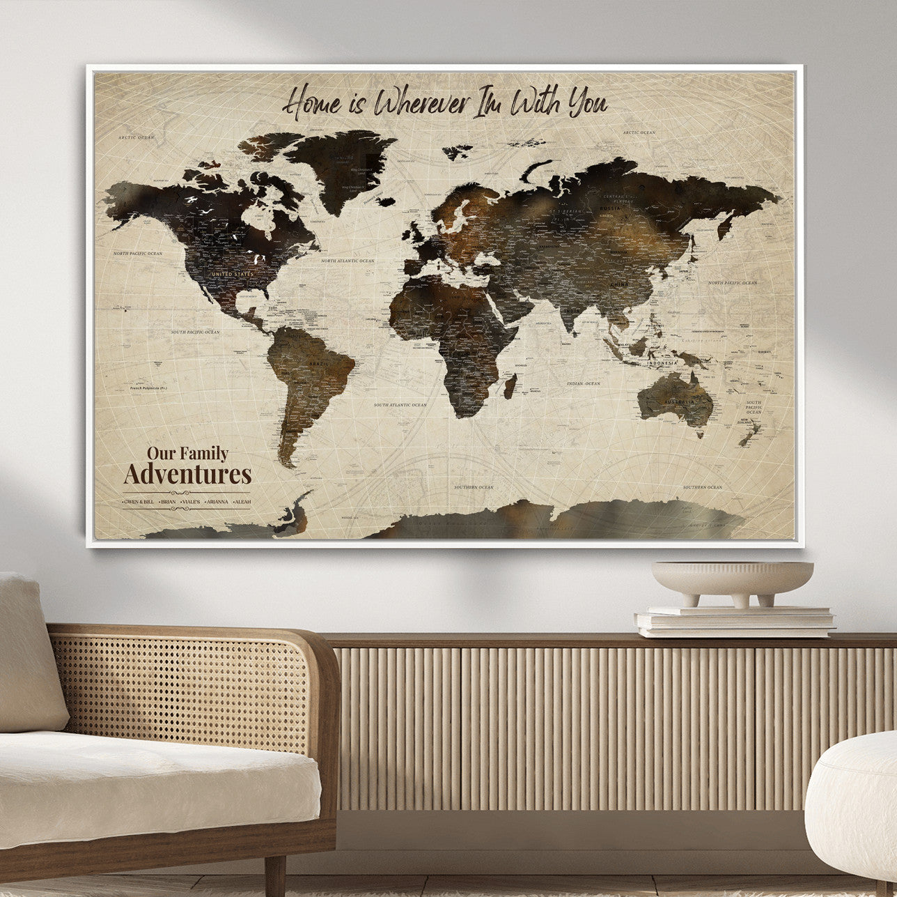 57979837-MGV-FC-36X24 - Personalized Push Pin World Map Canvas Print – Custom Framed Travel Tracker Wall Art Large Map Artwork for Home, Office