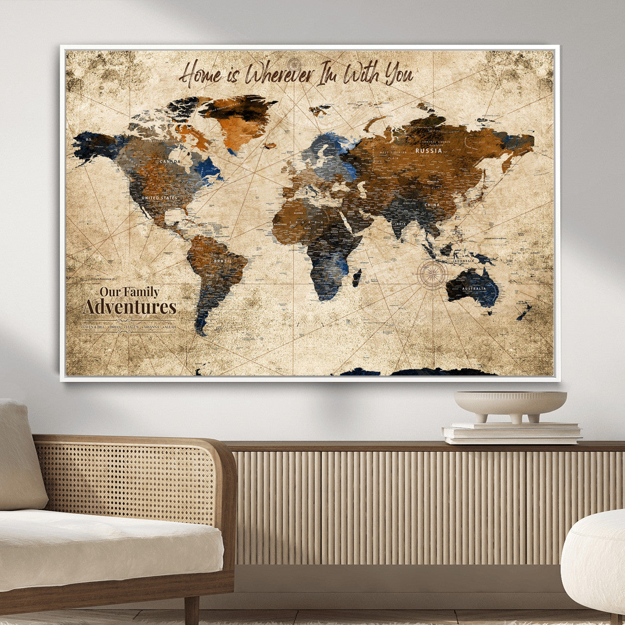23631534-MGV-FC-36X24 - Customized Push Pin World Map Wall Art Canvas Print with Pins, Personalized Travel Tracker Map, Framed World Map for Living Room, Office and Home Decor