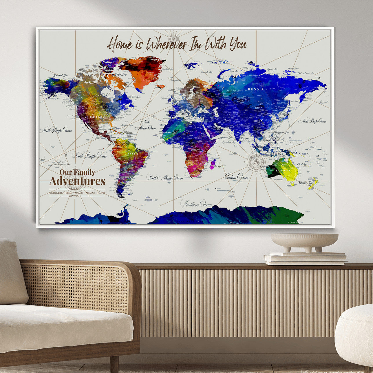 74686301-MGV-FC-36X24 - Customized Push Pin World Map Wall Art Canvas Print with Pins, Personalized Travel Tracker Map, Framed World Map for Living Room, Office and Home Decor