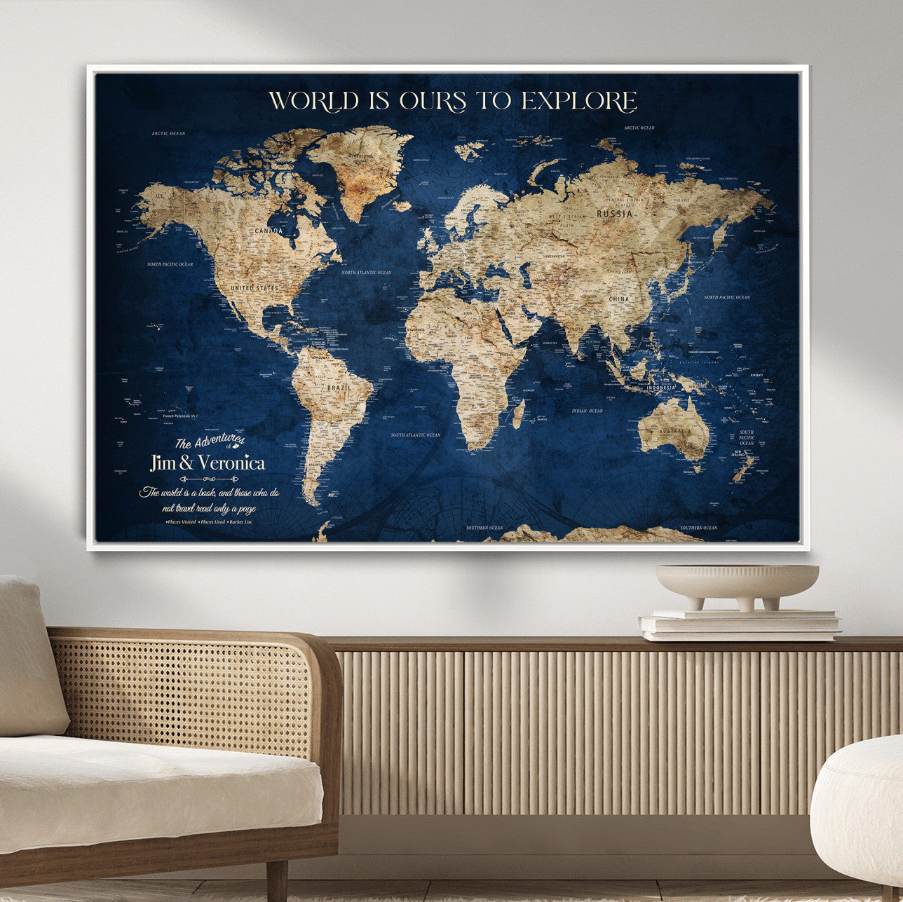 33364828-MGV-FC-36X24 - Personalized World Map Wall Art – Custom Framed Push Pin Travel Tracker Canvas Print Unique Gift for Home, Office