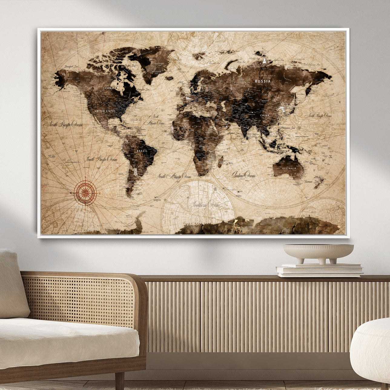97114757-MGV-FC-36X24 - World Map Wall Art Canvas Print, Modern Decorative Framed Map Artwork Prints for Living Room, Office, Bedroom Wall Decor
