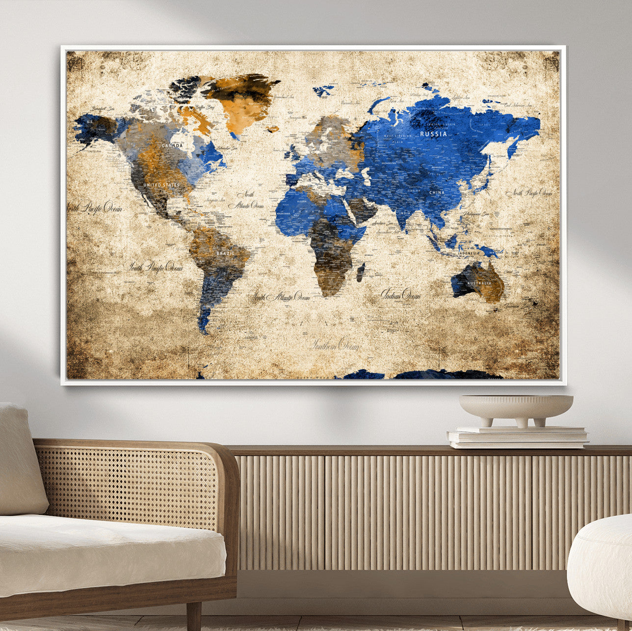 13564339-MGV-FC-36X24 - World Map Wall Art Canvas Print, Modern Decorative Framed Map Artwork Prints for Living Room, Office, Bedroom Wall Decor