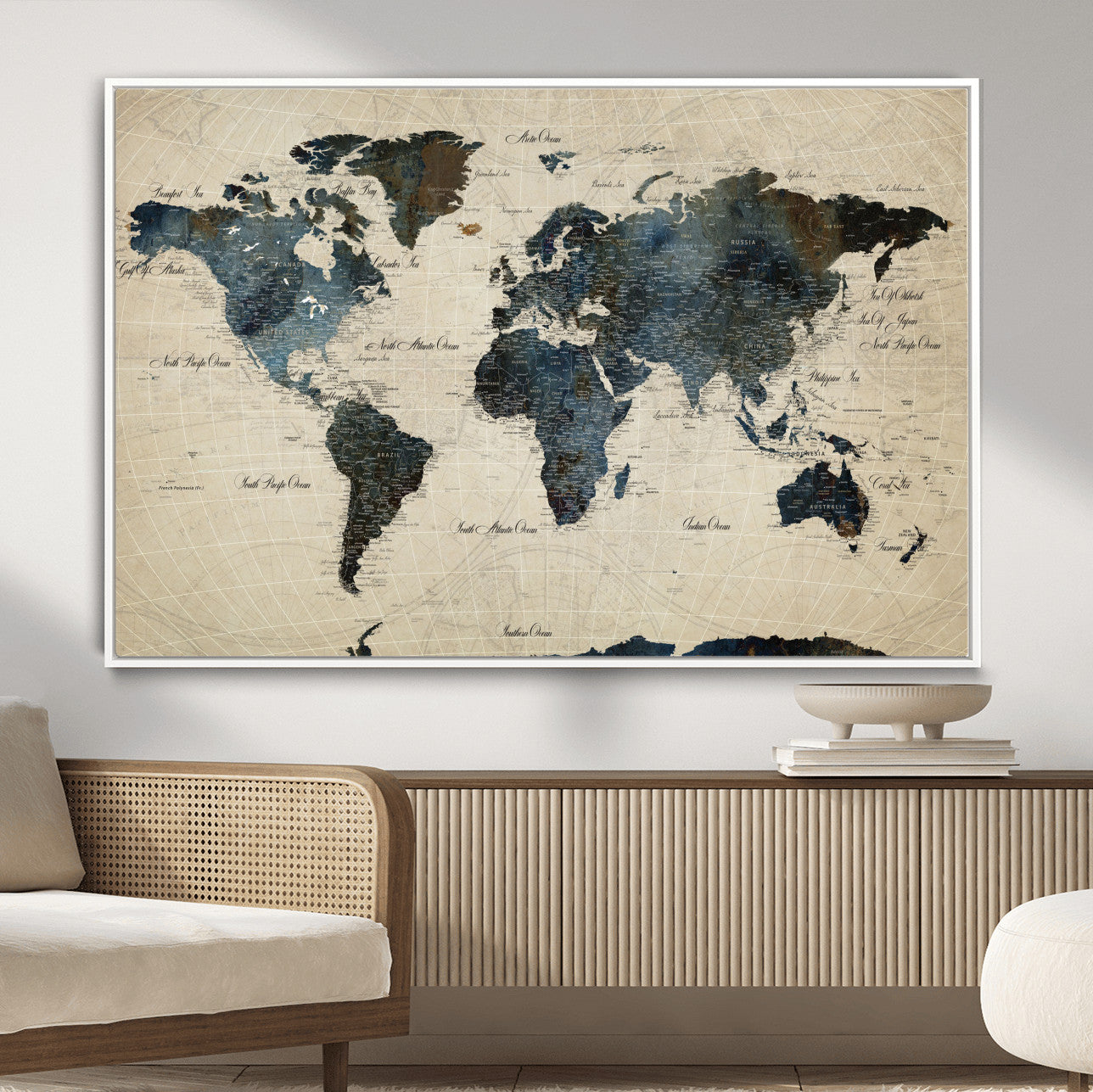 33438443-MGV-FC-36X24 - World Map Wall Art Canvas Print, Modern Decorative Framed Map Artwork Prints for Living Room, Office, Bedroom Wall Decor