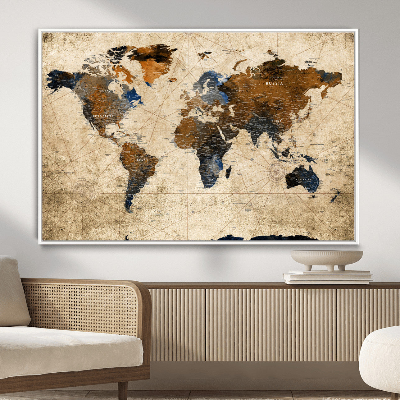 56297284-MGV-FC-36X24 - World Map Wall Art Canvas Print, Modern Decorative Framed Map Artwork Prints for Living Room, Office, Bedroom Wall Decor