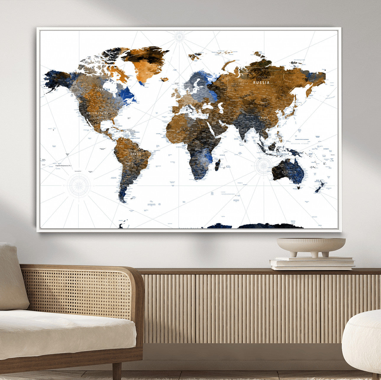 40862517-MGV-FC-36X24 - World Map Wall Art Canvas Print, Modern Decorative Framed Map Artwork Prints for Living Room, Office, Bedroom Wall Decor