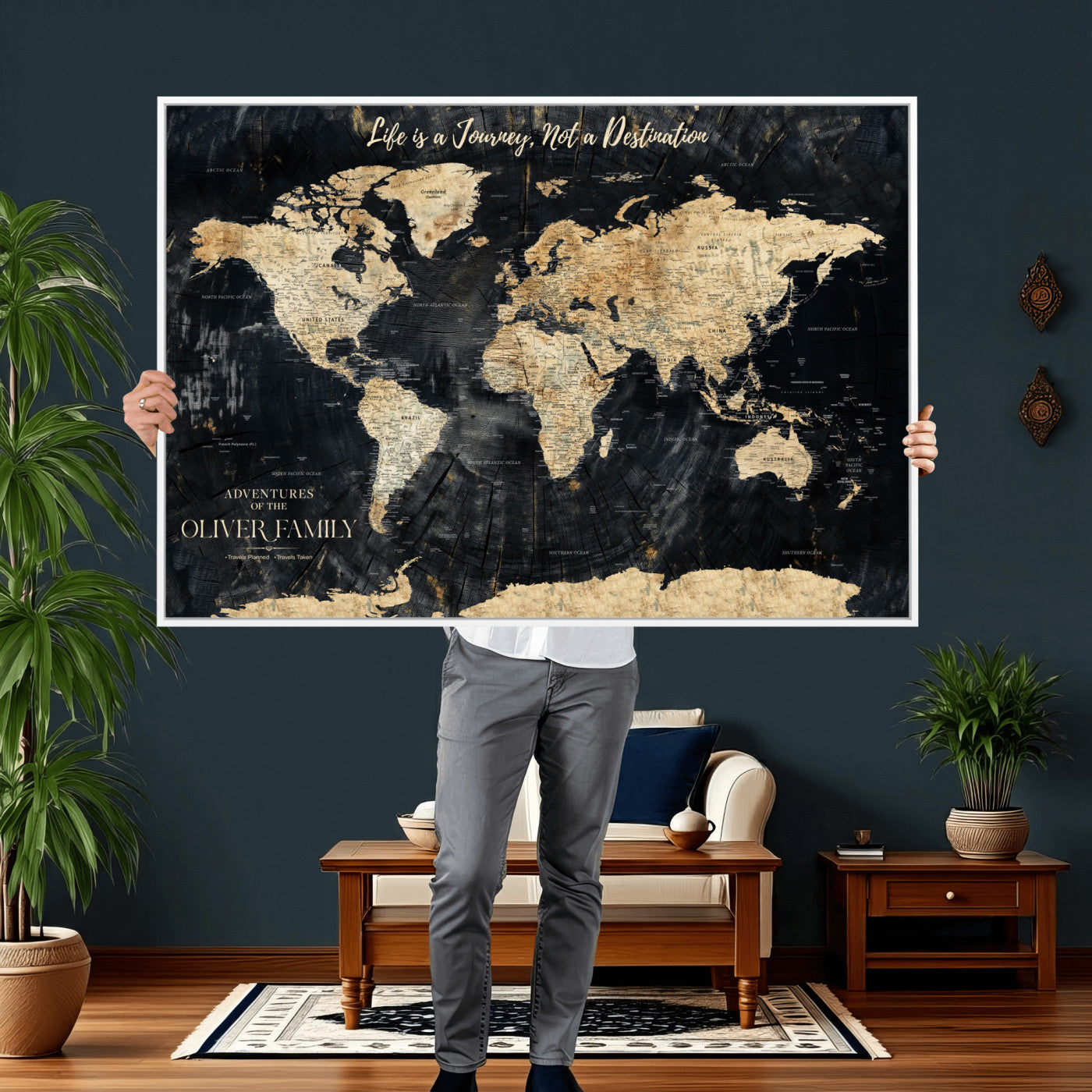 20317961-MGV-FC-36X24 - Customized Push Pin World Map Wall Art Canvas Print with Pins, Framed Personalize Travel Tracker Map, World Map for Living Room and Office Decor