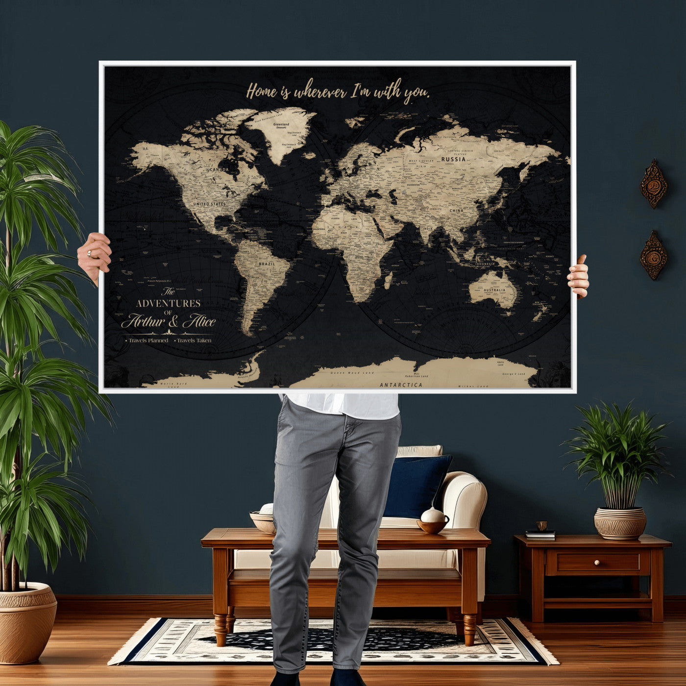 87955516-MGV-FC-36X24 - Customized Push Pin World Map Wall Art Canvas Print with Pins, Framed Personalize Travel Tracker Map, World Map for Living Room and Office Decor