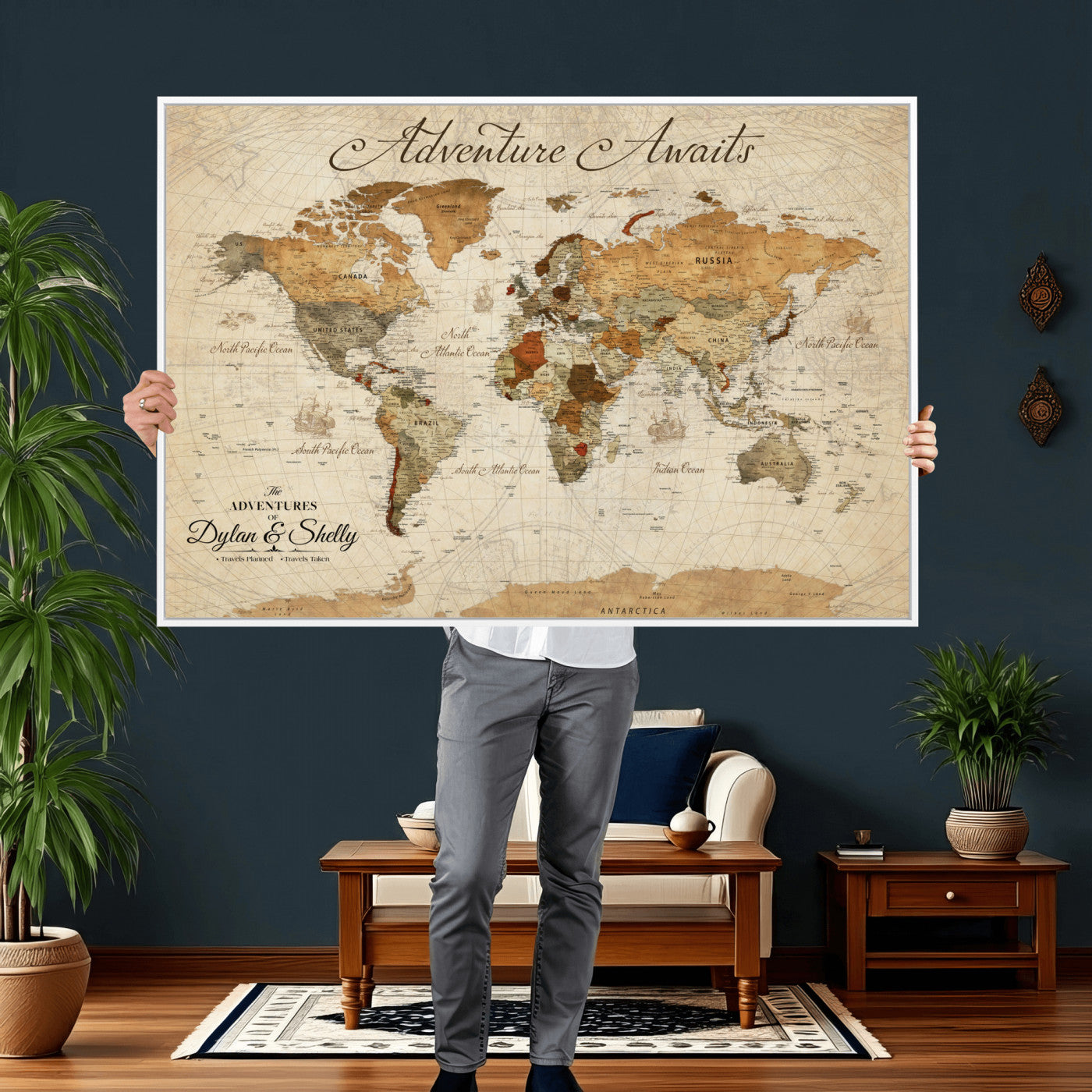 17298116-MGV-FC-36X24 - Custom World Map Wall Art Canvas Print with Pins, Framed Personalize Push Pin  Travel Tracker Map, World Map for Living Room and Office Decor