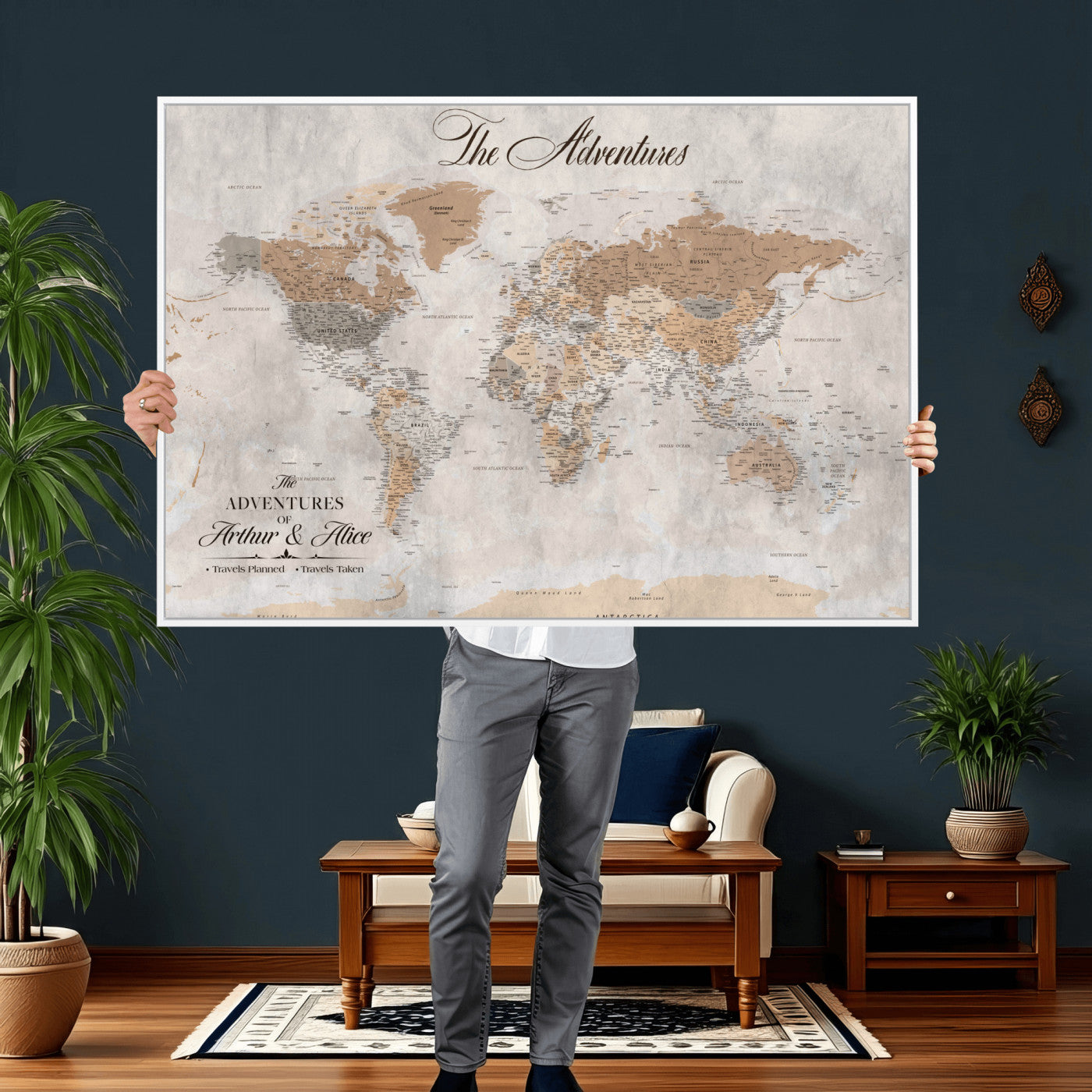 85771580-MGV-FC-36X24 - Custom Push Pin World Map Wall Art Canvas Print with Pins, Framed Personalize Travel Tracker Map, World Map for Living Room and Office Decor