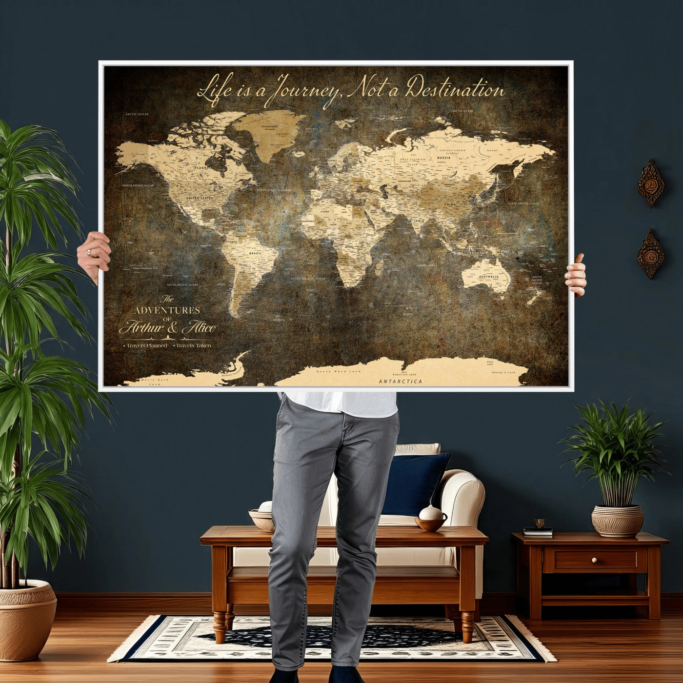 75877068-MGV-CV-36X24 - Custom Push Pin World Map Wall Art Canvas Print – Personalized Travel Tracker with Pins Framed Large for Home and Office Decor