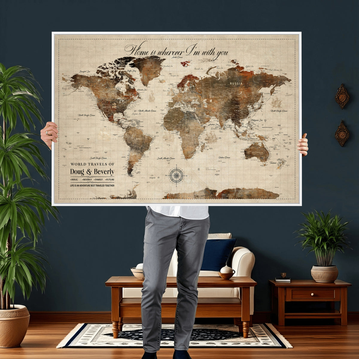 94399474-MGV-CV-36X24 - Large Custom Framed Beige Vintage World Travel Map Wall Art with Pins, Couples Countries Visited Map, Living Room and Hallway Decor