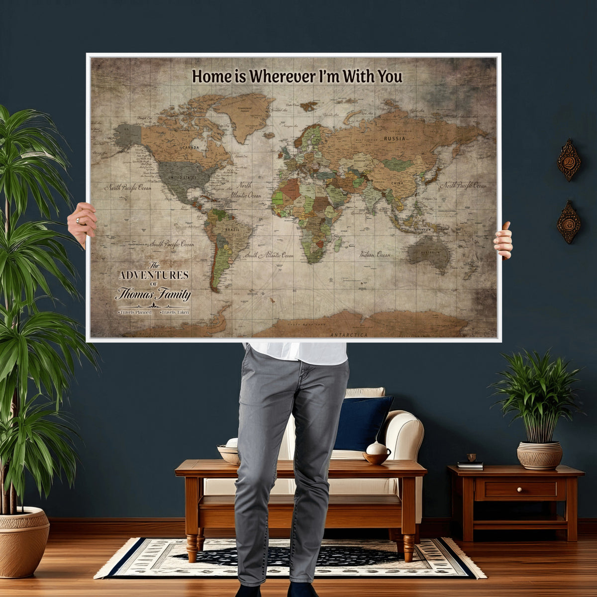 22593671-MGV-CV-36X24 - Personalized Beige Geometric World Map Canvas with Push Pins, Next Trip Planner Map, Study and Entryway Decor