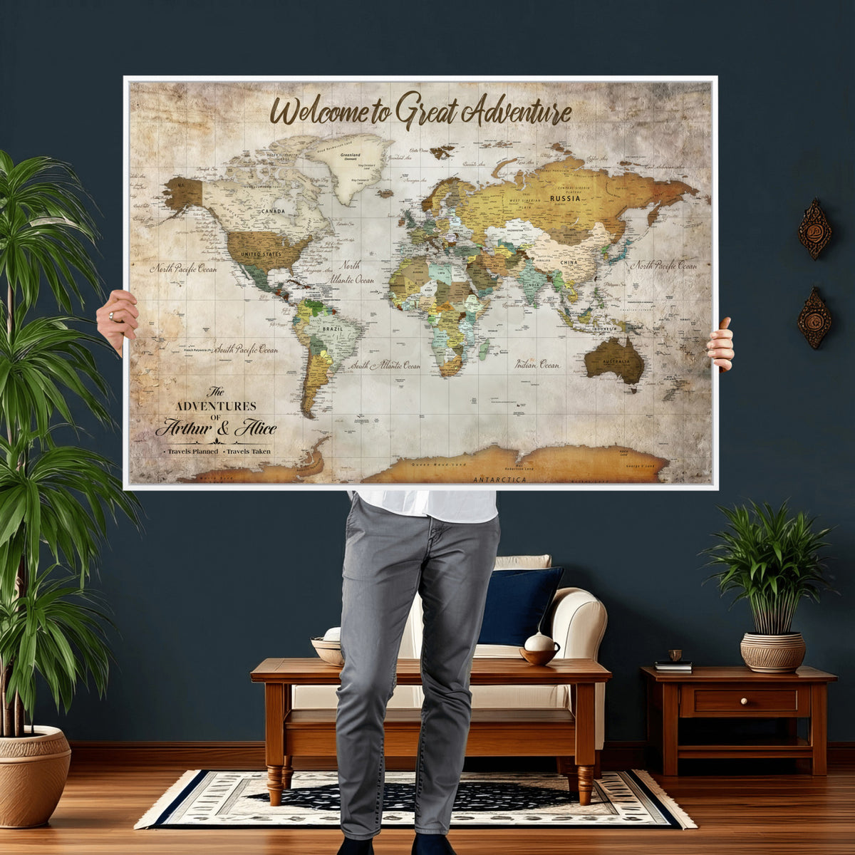 33043195-MGV-CV-36X24 - Personalized Beige World Travel Map Wall Art with Pins, Family Travel Tracker, Family Room and Study Decor