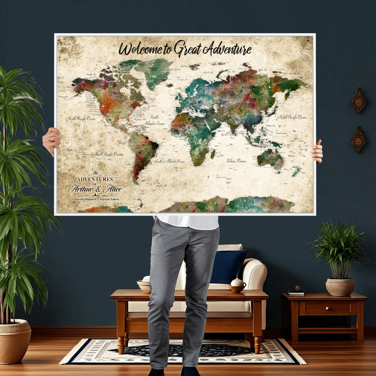 89225601-MGV-CV-36X24 - Personalized Beige Grunge World Map Canvas with Push Pins, Next Trip Planner Map, Family Room and Home Office Decor
