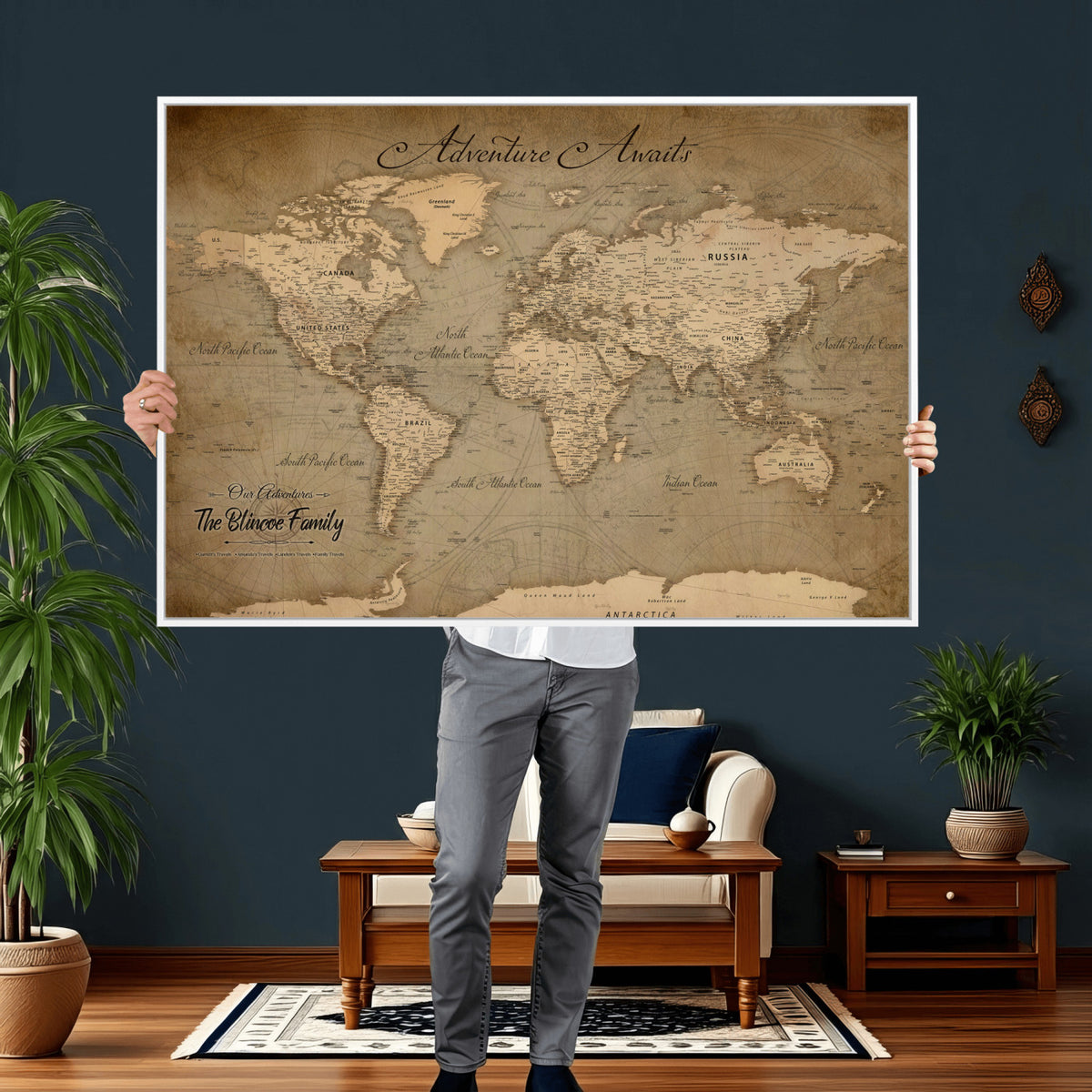 59418012-MGV-CV-36X24 - Personalized Framed Beige World Travel Map Wall Art with Pins, Family Travel Tracker, Family Room and Entryway Decor